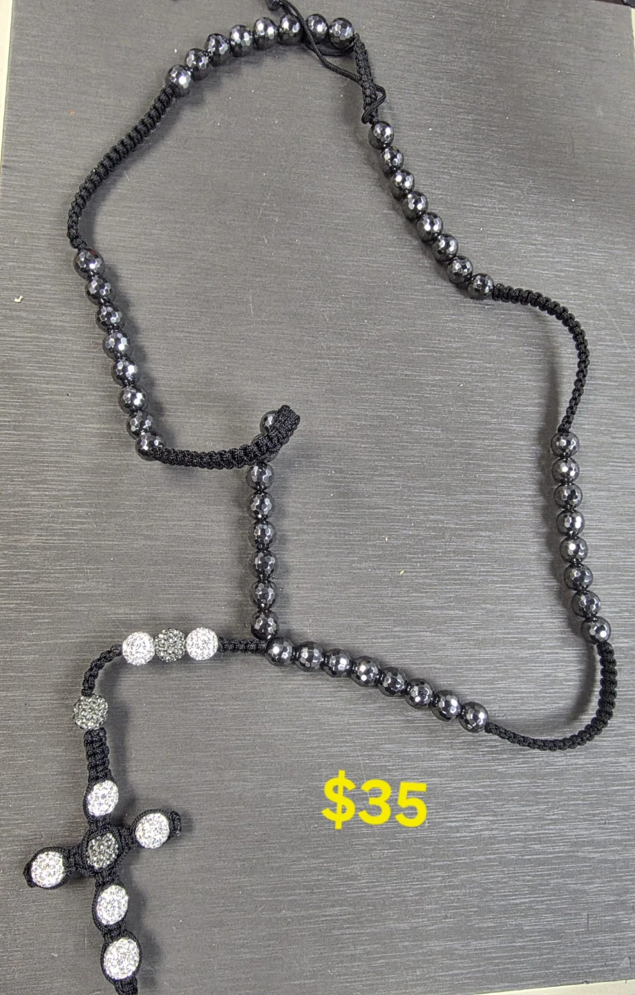 Black and Silver Beaded Cross Necklace