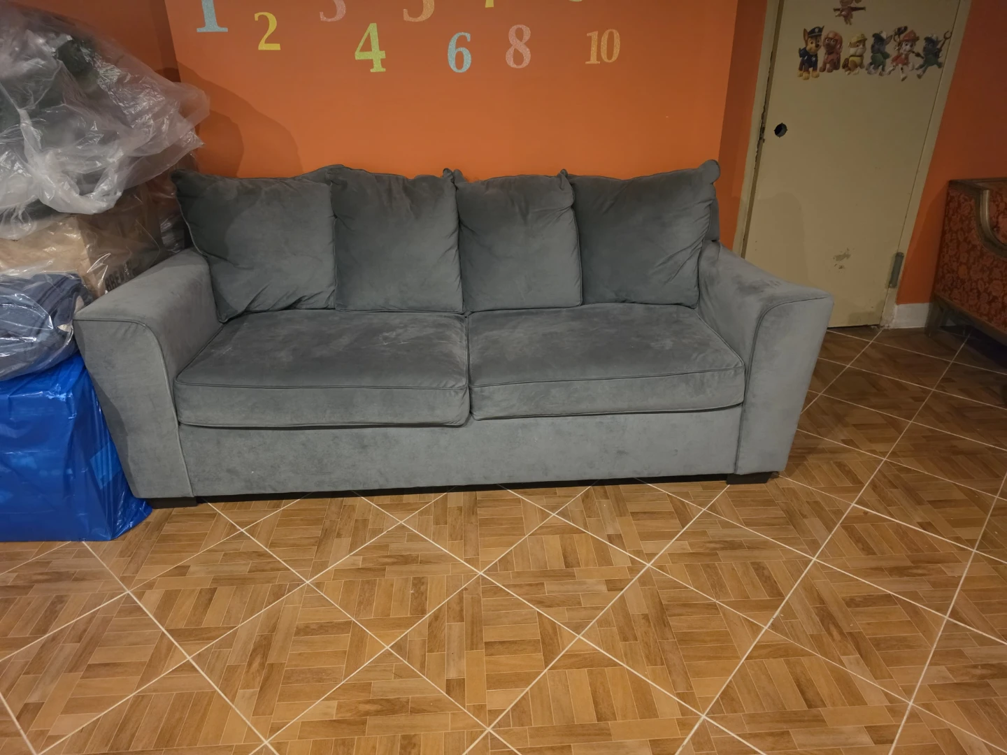 Gray Velvet Three-Seater Sofa