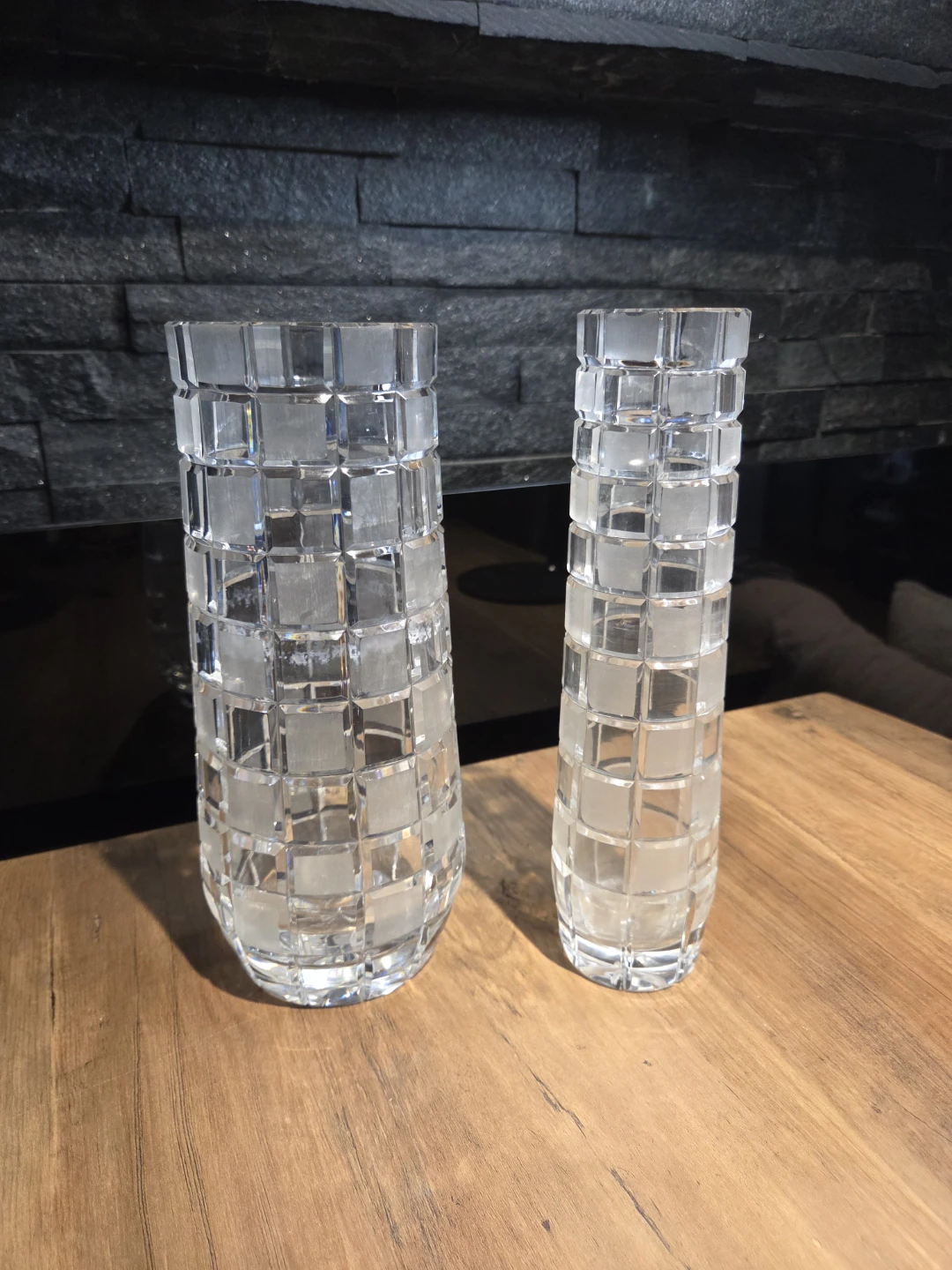 Pair of Vintage Crystal Vases – Checkerboard Cut Pattern