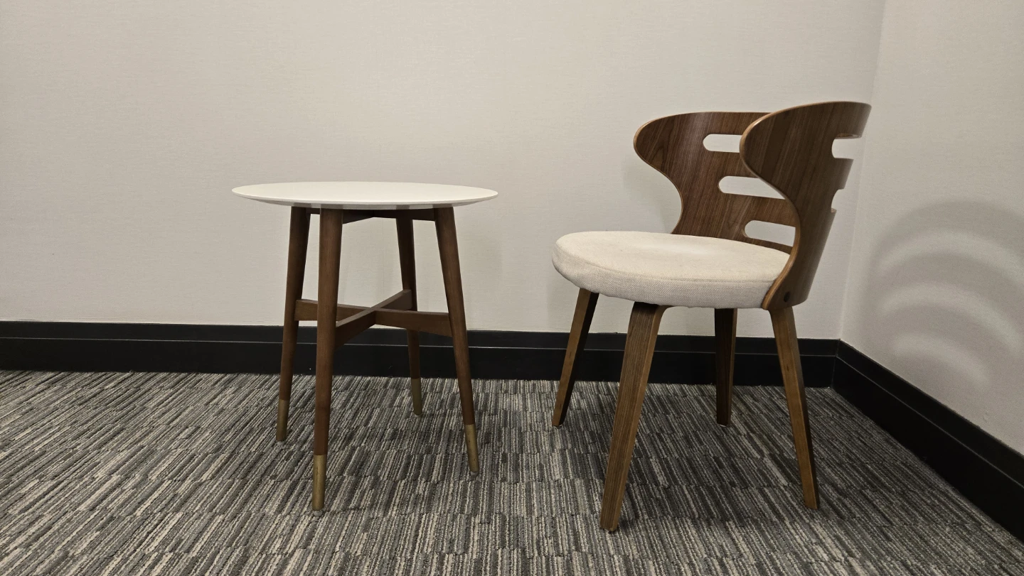 Mid-century modern round side table + sculptural wood chair - photo 3