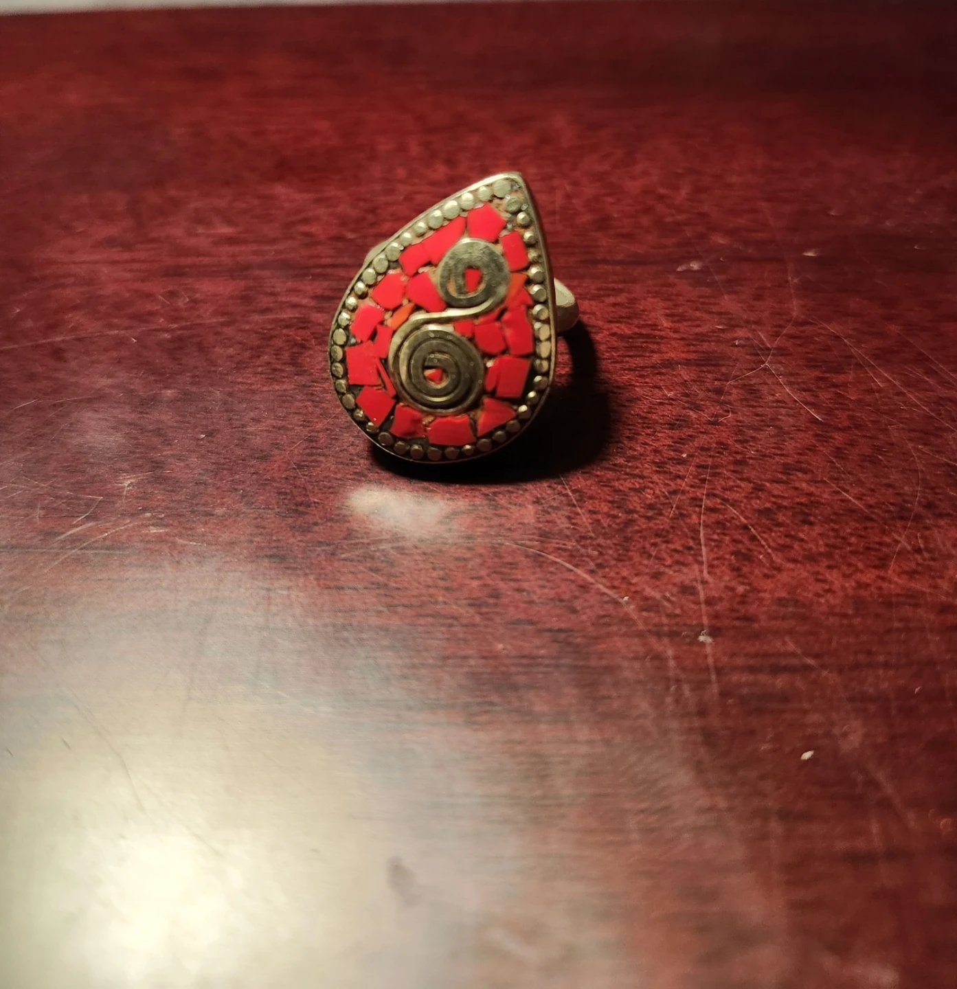 Handmade Teardrop Ring with Red Mosaic Inlay - photo 4