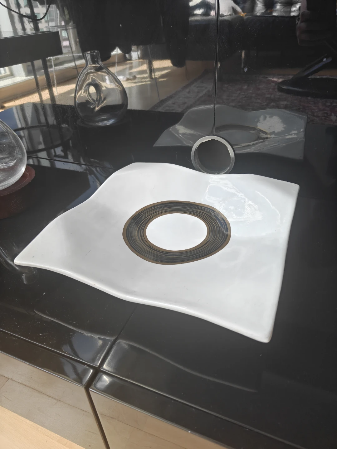 White Decorative Plate with Brown and Black Center
