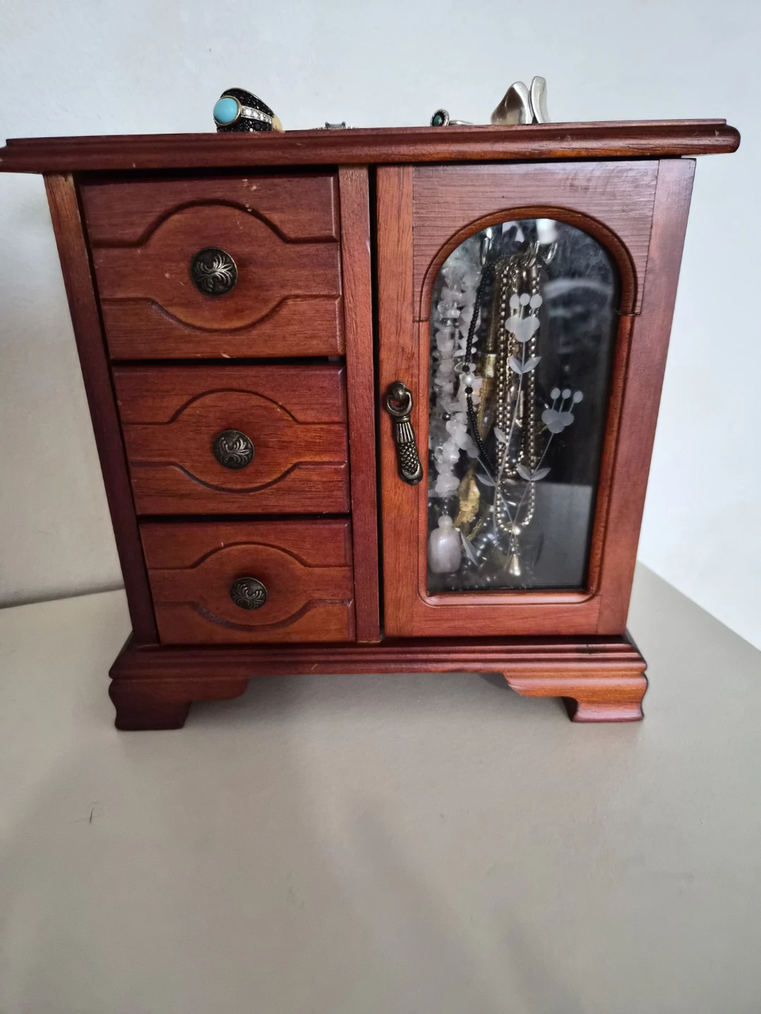 Wooden Jewelry Box with Drawers and Necklace Hanger