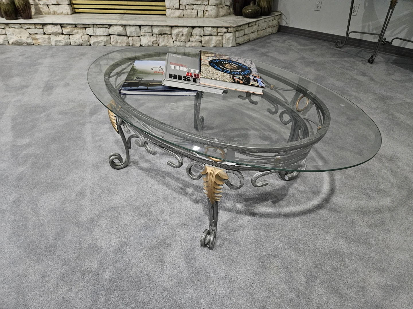 Oval Glass Coffee Table with Metal Base