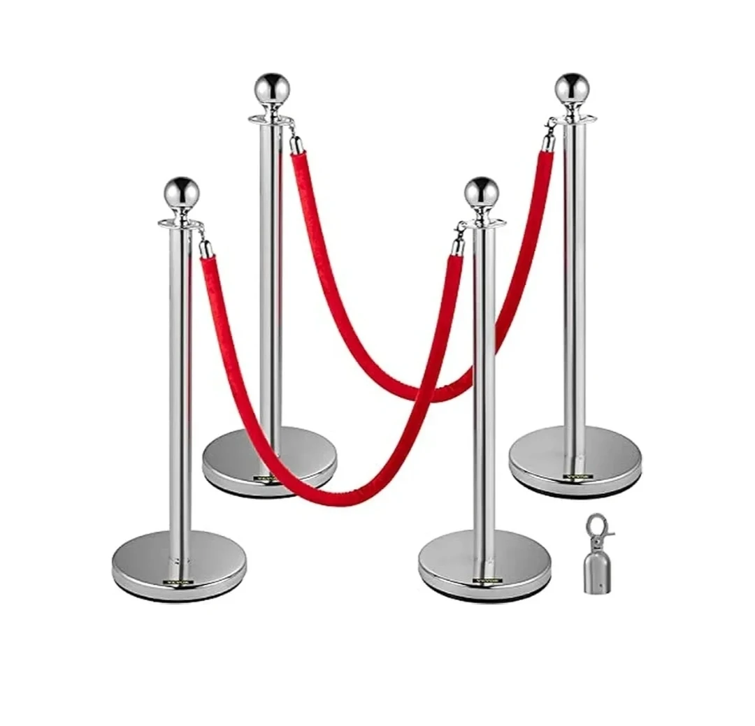 VEVOR 4PC Silver Stanchion Set + 2 Red Velvet Ropes - Brand New
