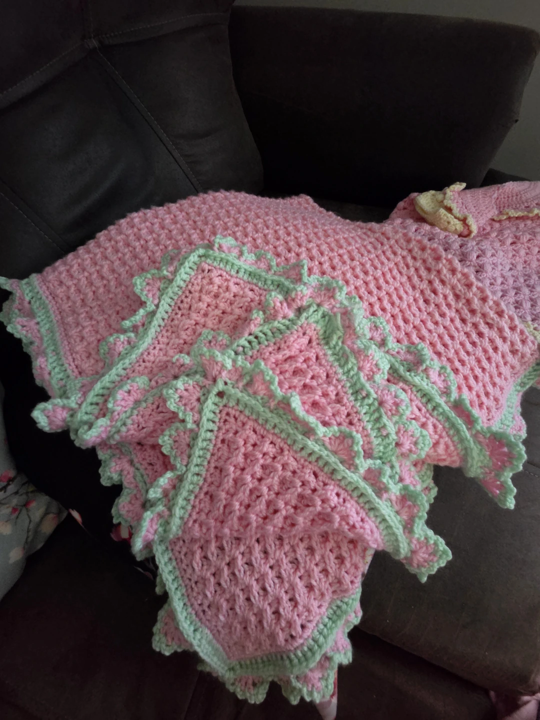 Handmade Crocheted Baby Blanket Pink and Green