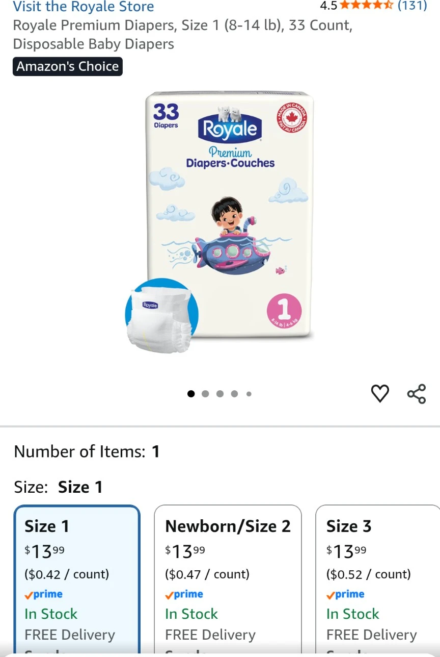 3 Packs of Royale Premium Diapers - Size 1