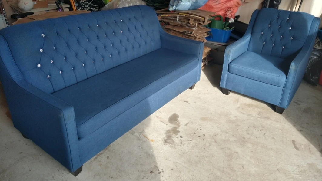 Blue Tufted Sofa and Armchair Set
