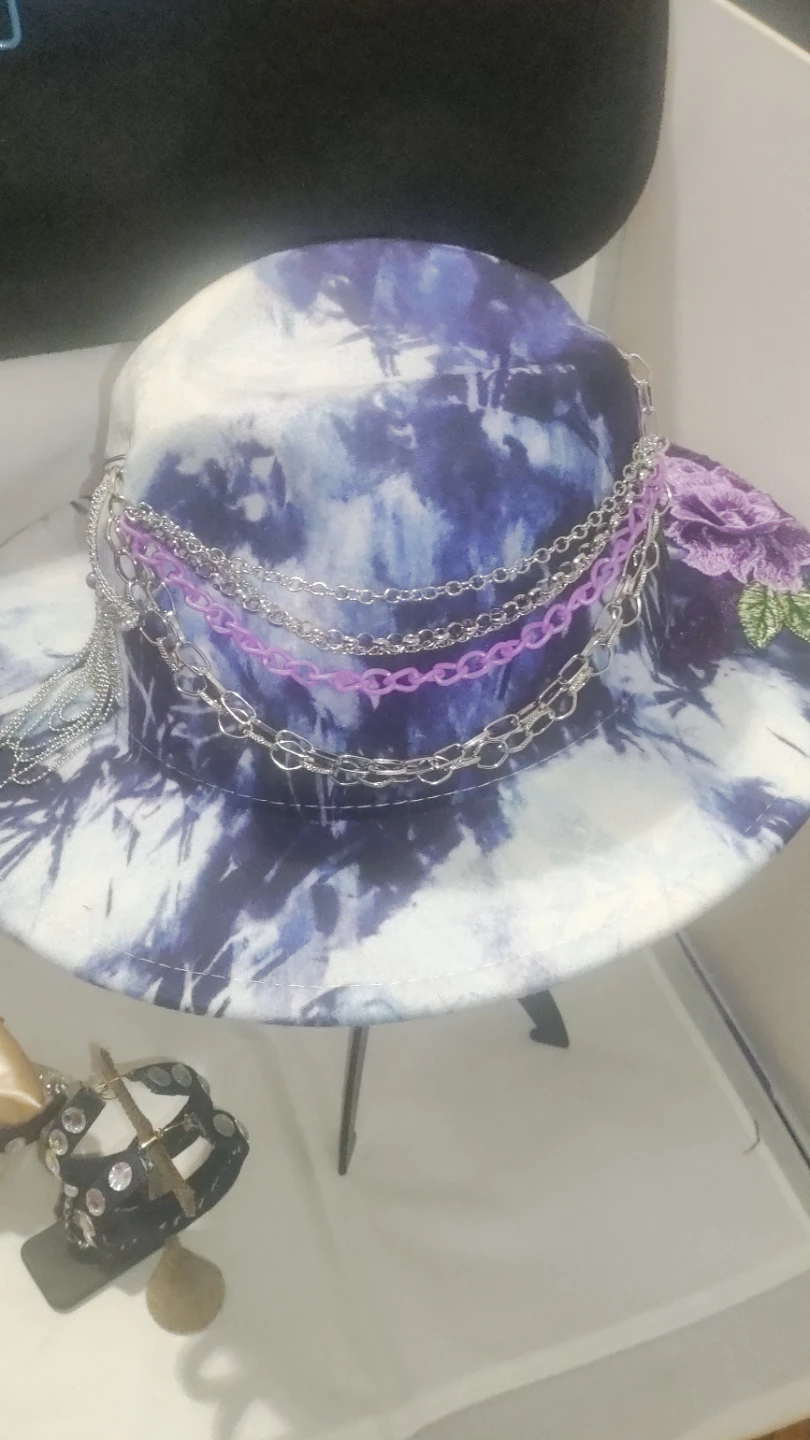 🏈Custom Tie-Dye Fedora with Floral Embroidery and Chains - photo 3