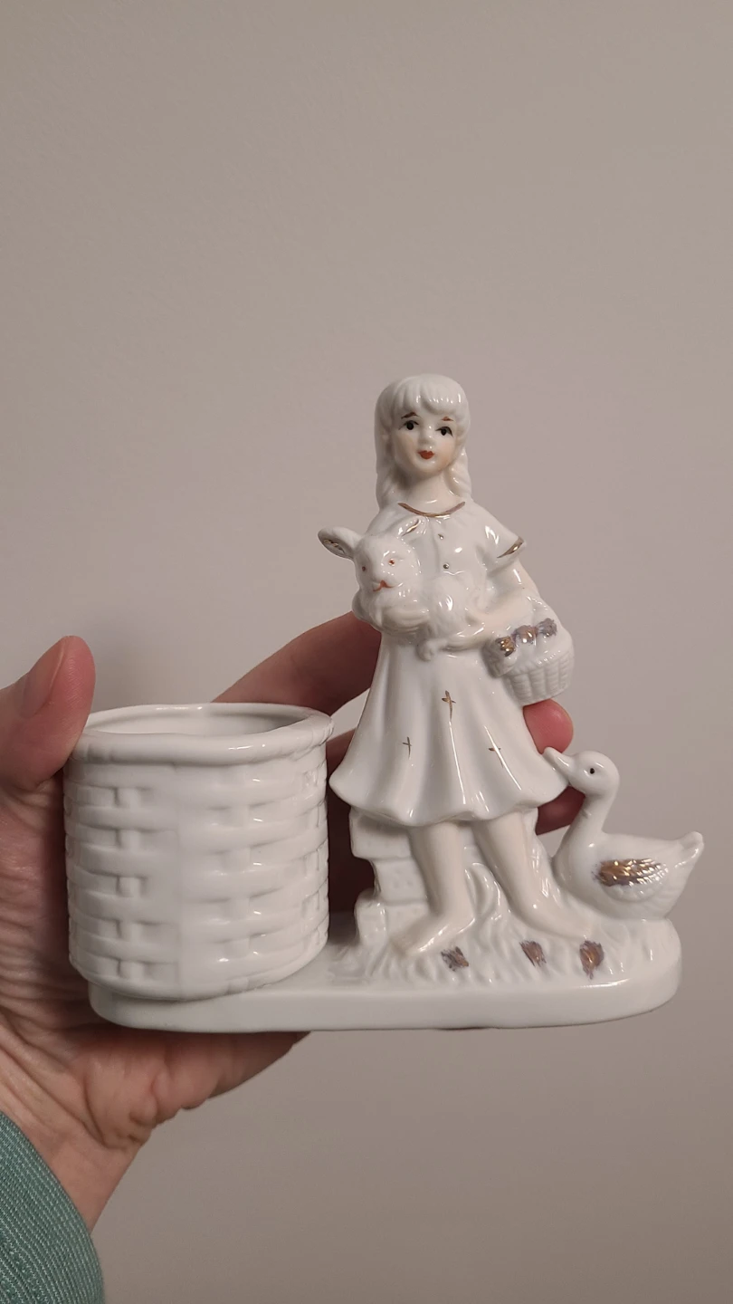 Ceramic Girl with Bunny and Goose Figurine Planter