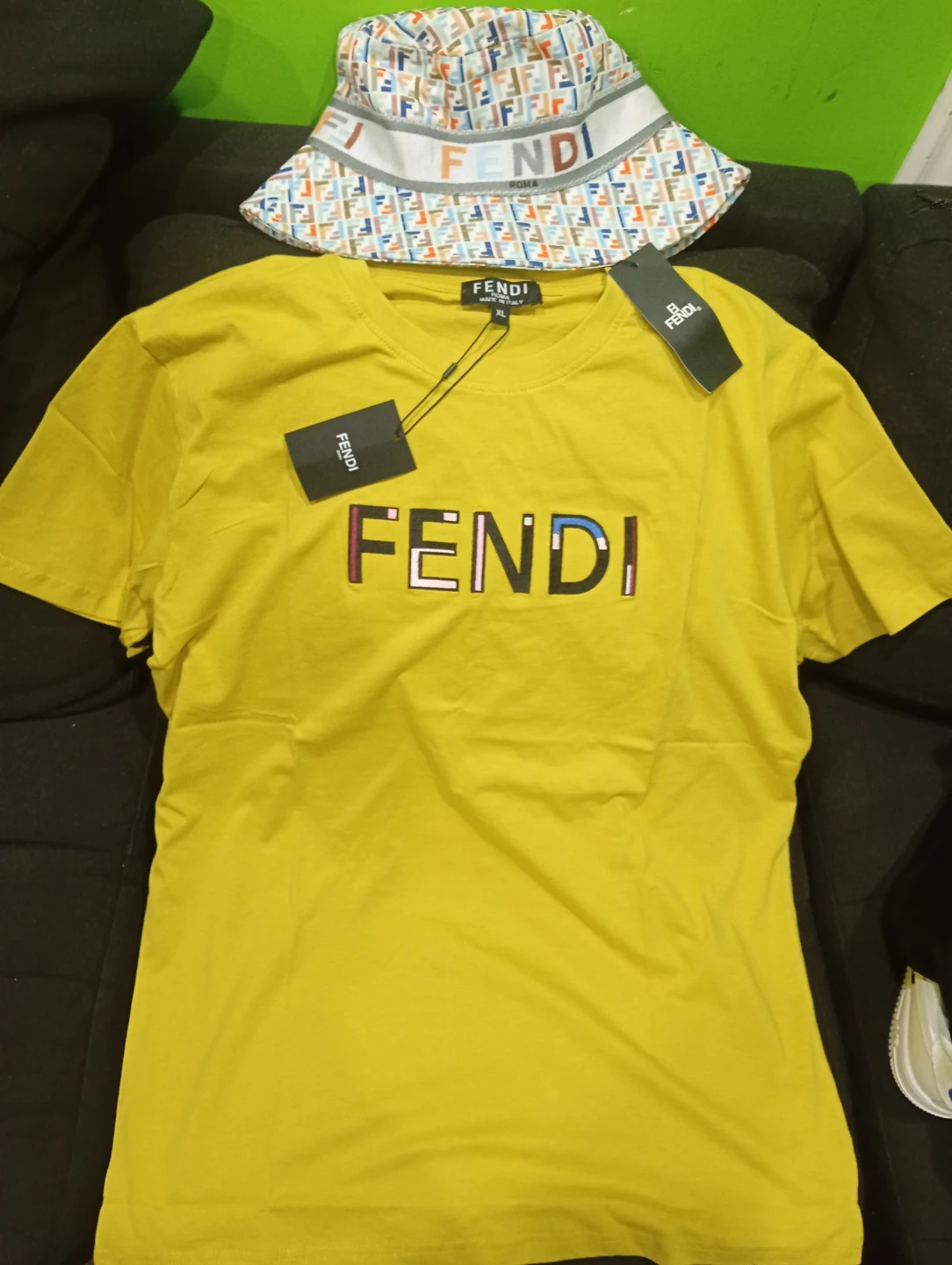 Fendi Yellow T-Shirt and Patterned Bucket Hat