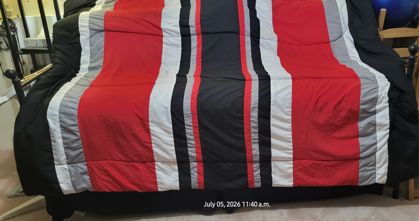 Red, Black, White, and Grey Striped Comforter Set