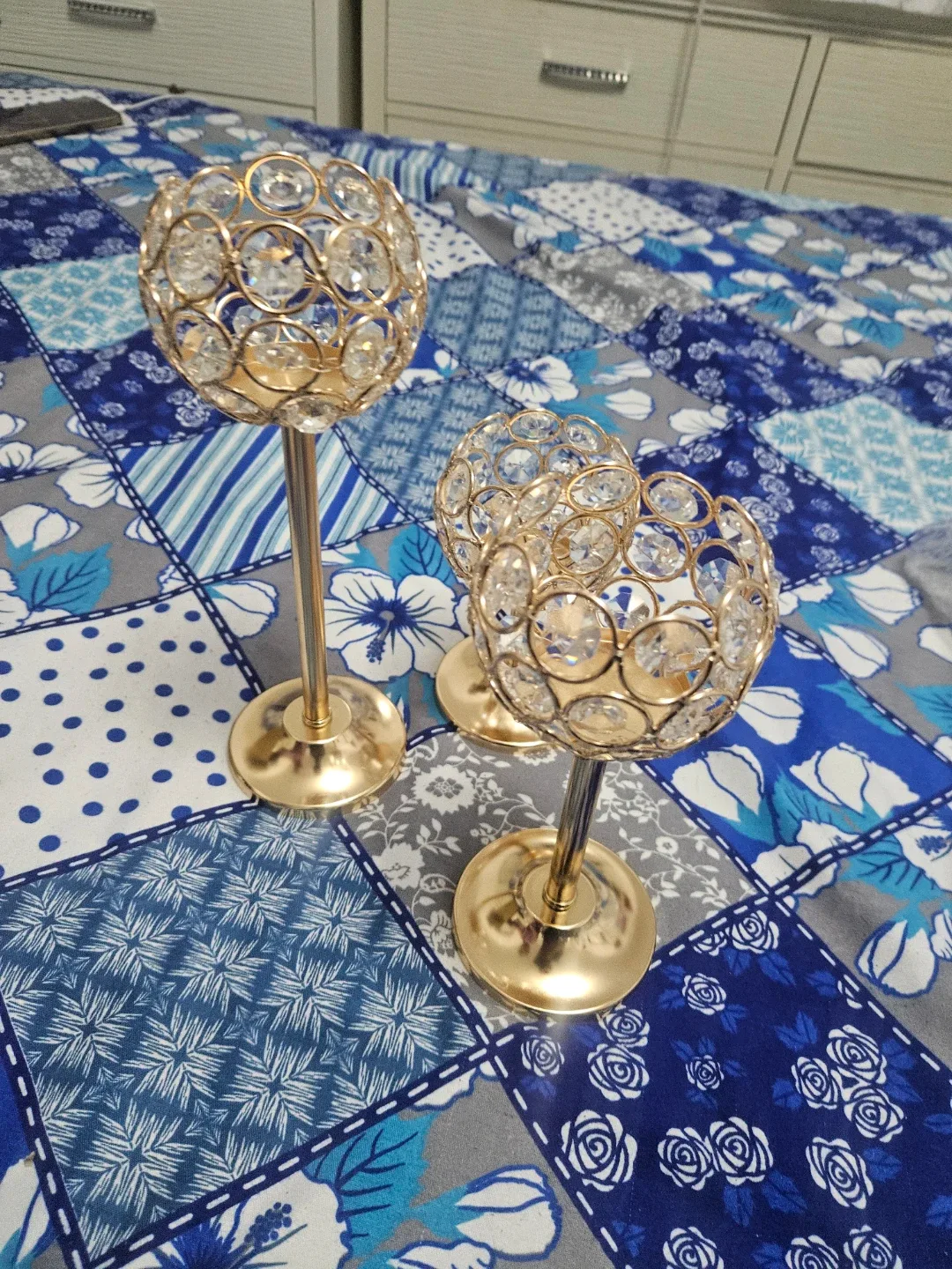 Set of 3 Gold Crystal Candle Holders