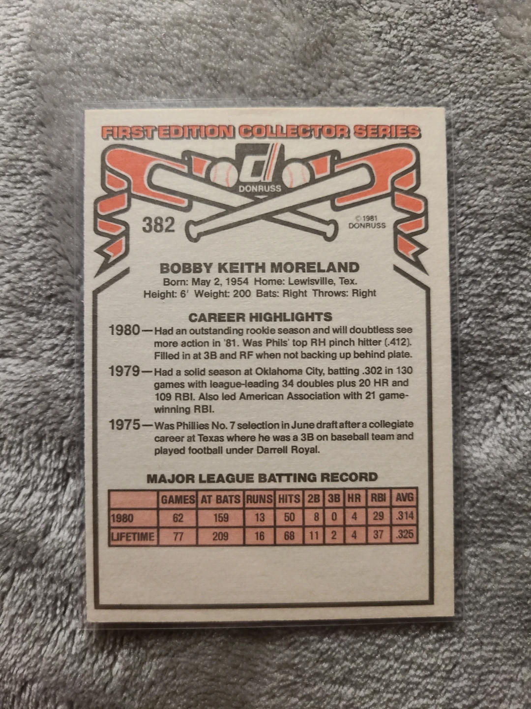 1981 Donruss Keith Moreland Baseball Card #382 - photo 2