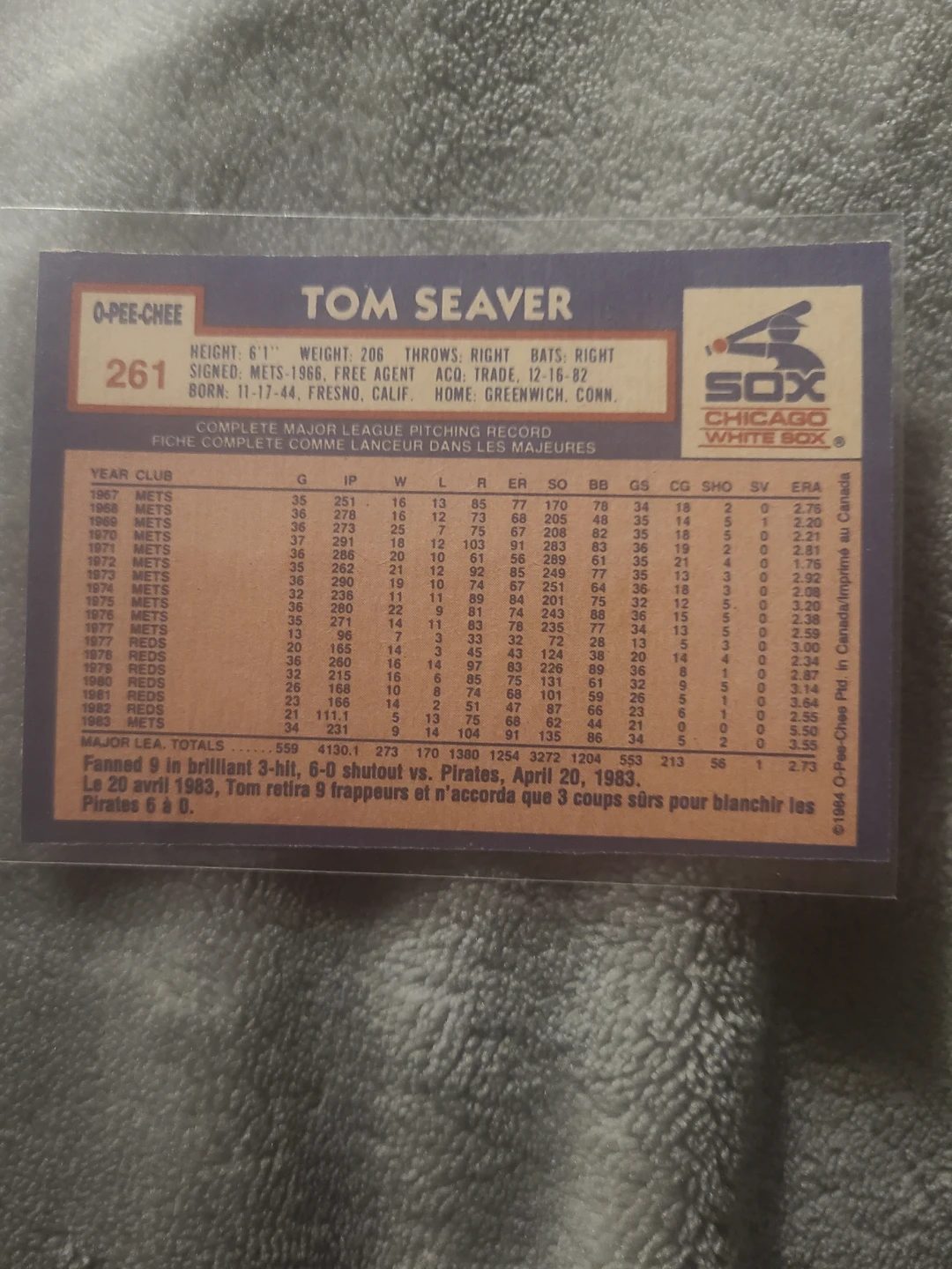 1984 O-Pee-Chee Tom Seaver Baseball Card - photo 2