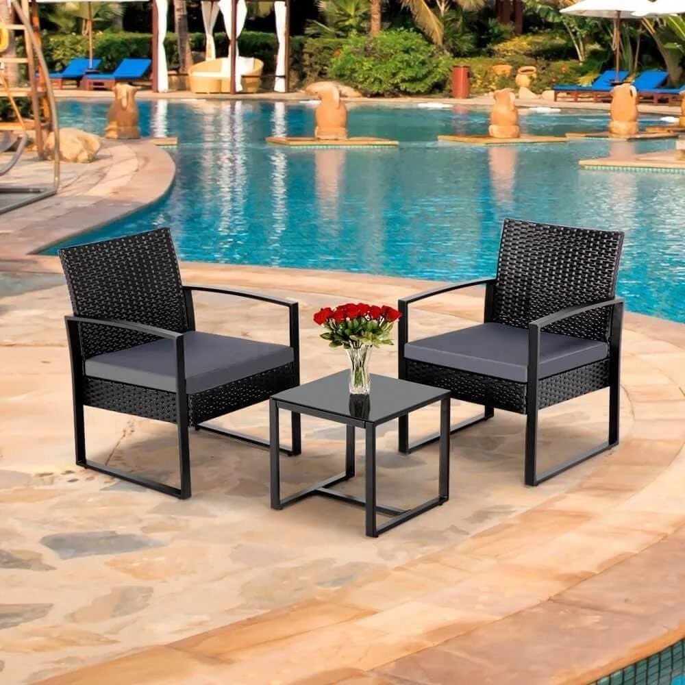 3-Piece Black Wicker Patio Bistro Set