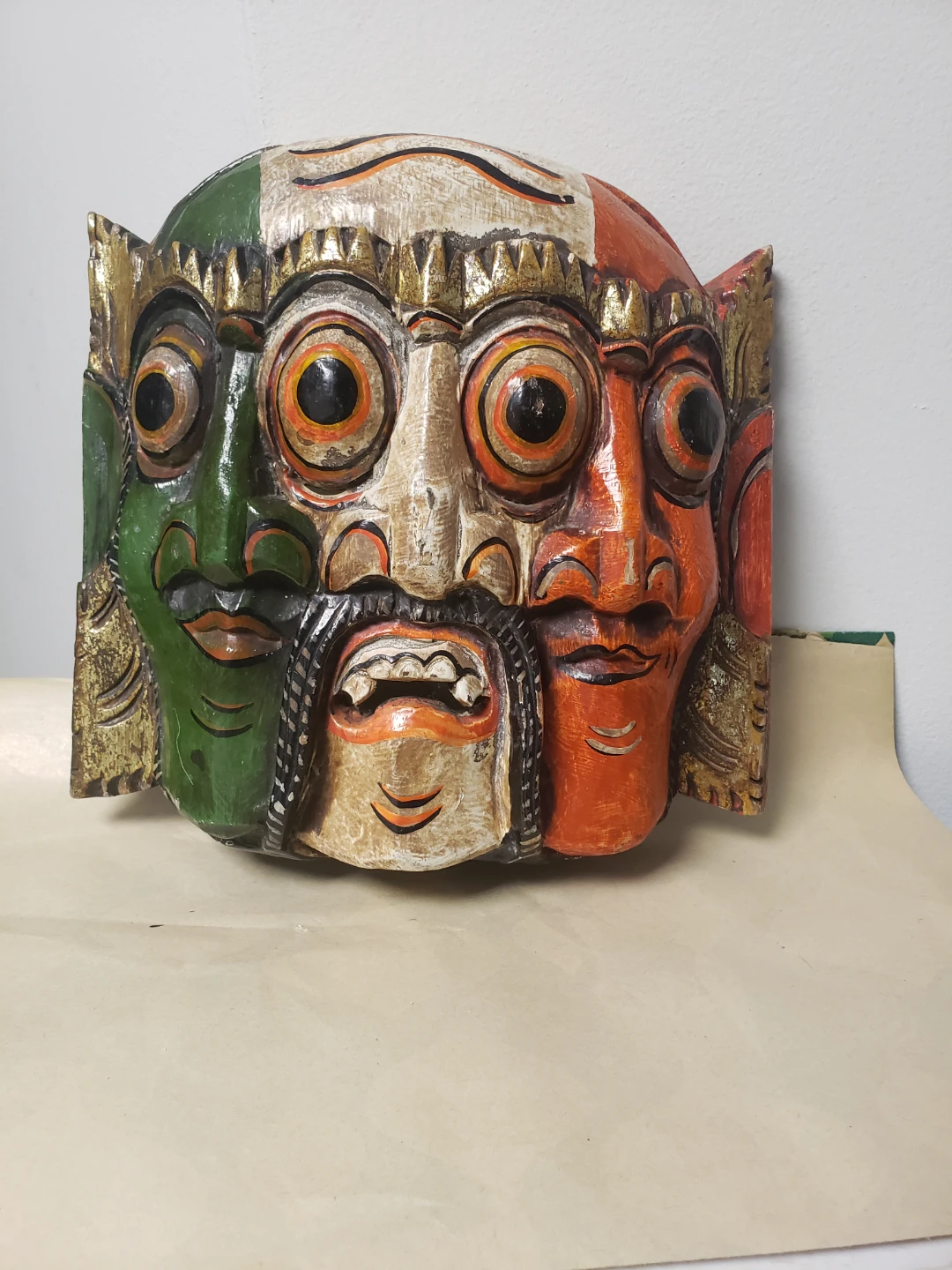 VINTAGE WOODEN  THREE FACE INDONESIA BALI BARONG DEVIL MASK