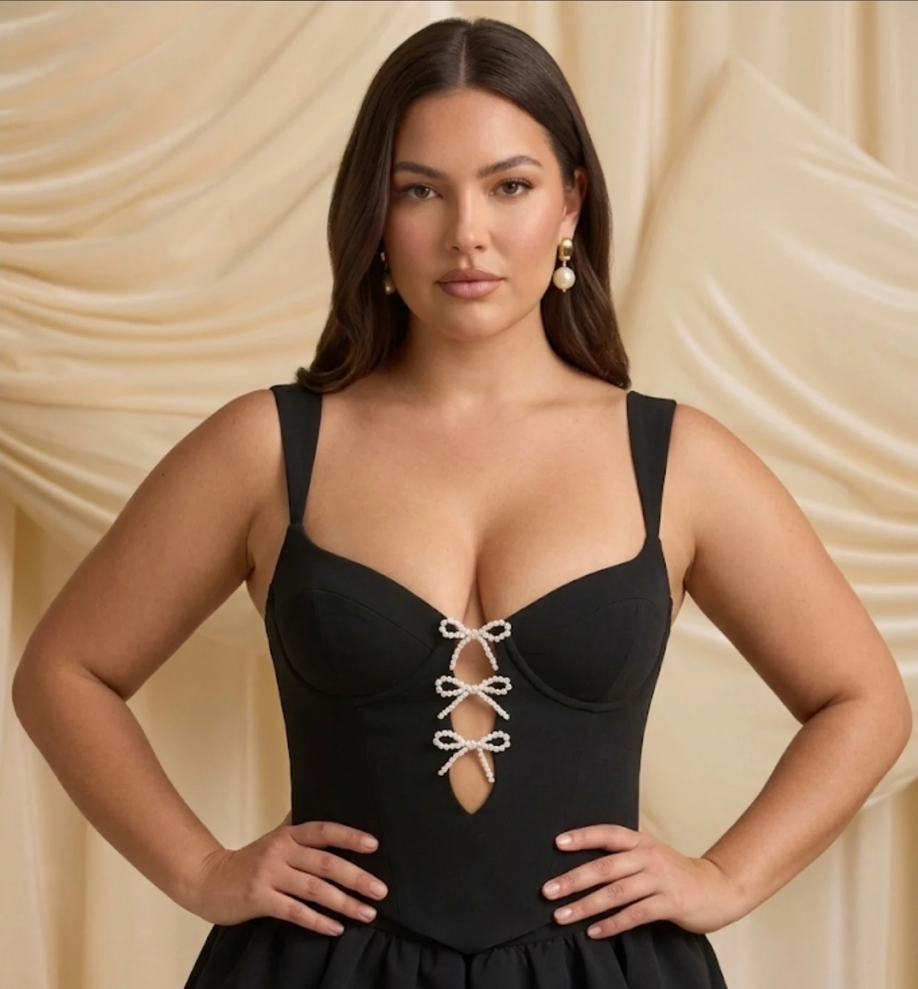 Oh Polly. Black Corset Style Dress with Pearl Bows 🏈