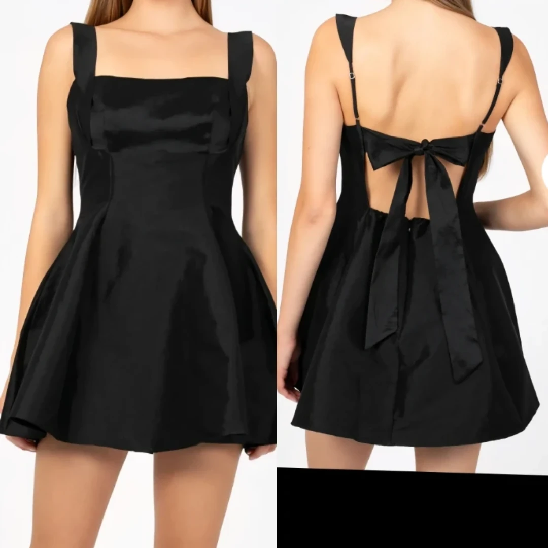 Black Satin Mini Dress with Back Bow