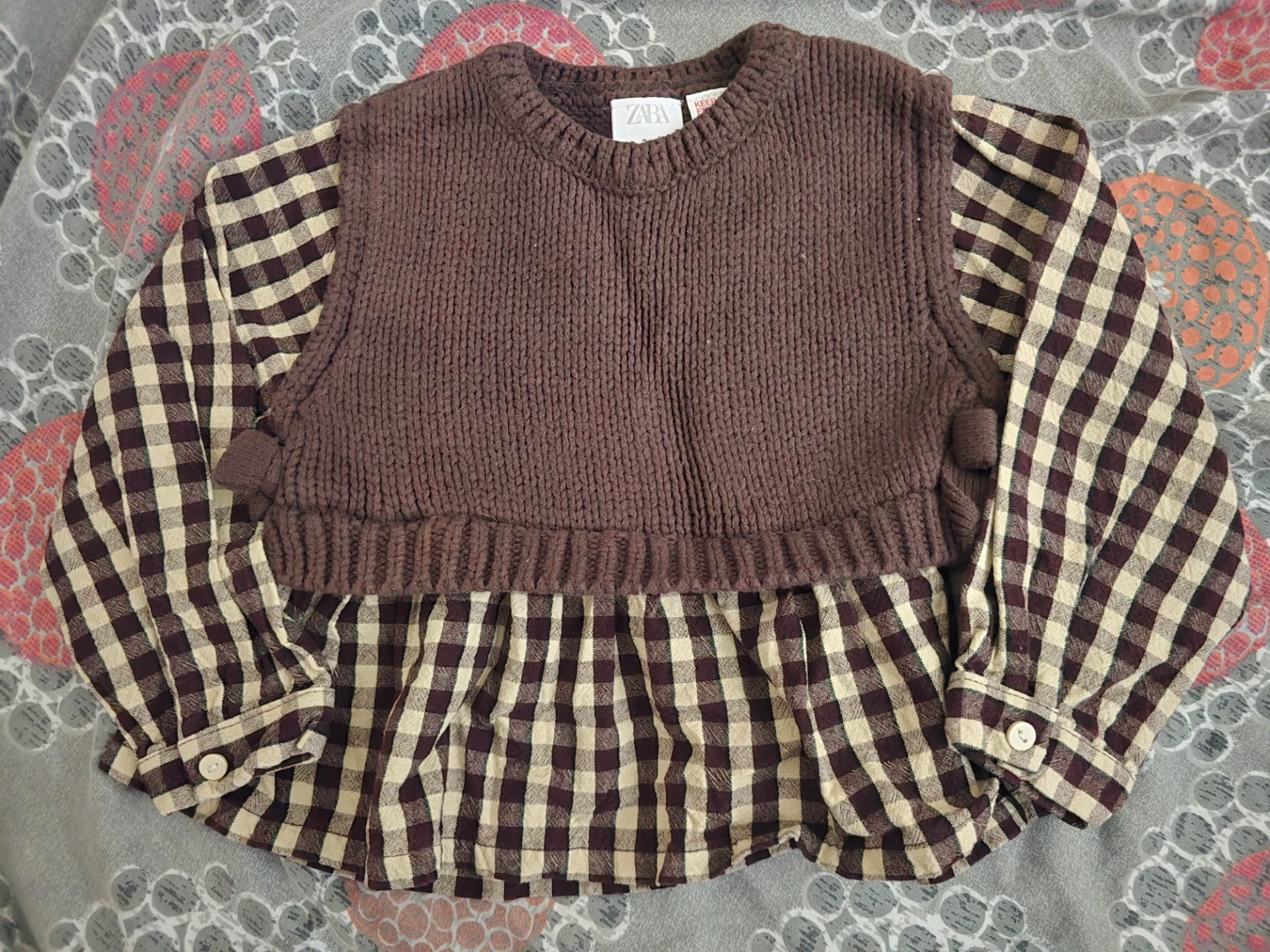 Zara Girls Brown Knit Vest and Gingham Shirt Set