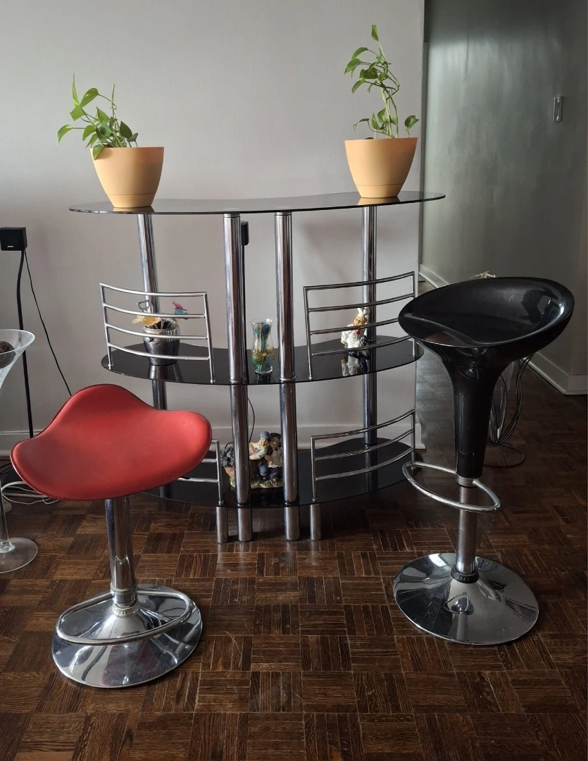 Glass and Chrome Home Bar Set with Two Stools