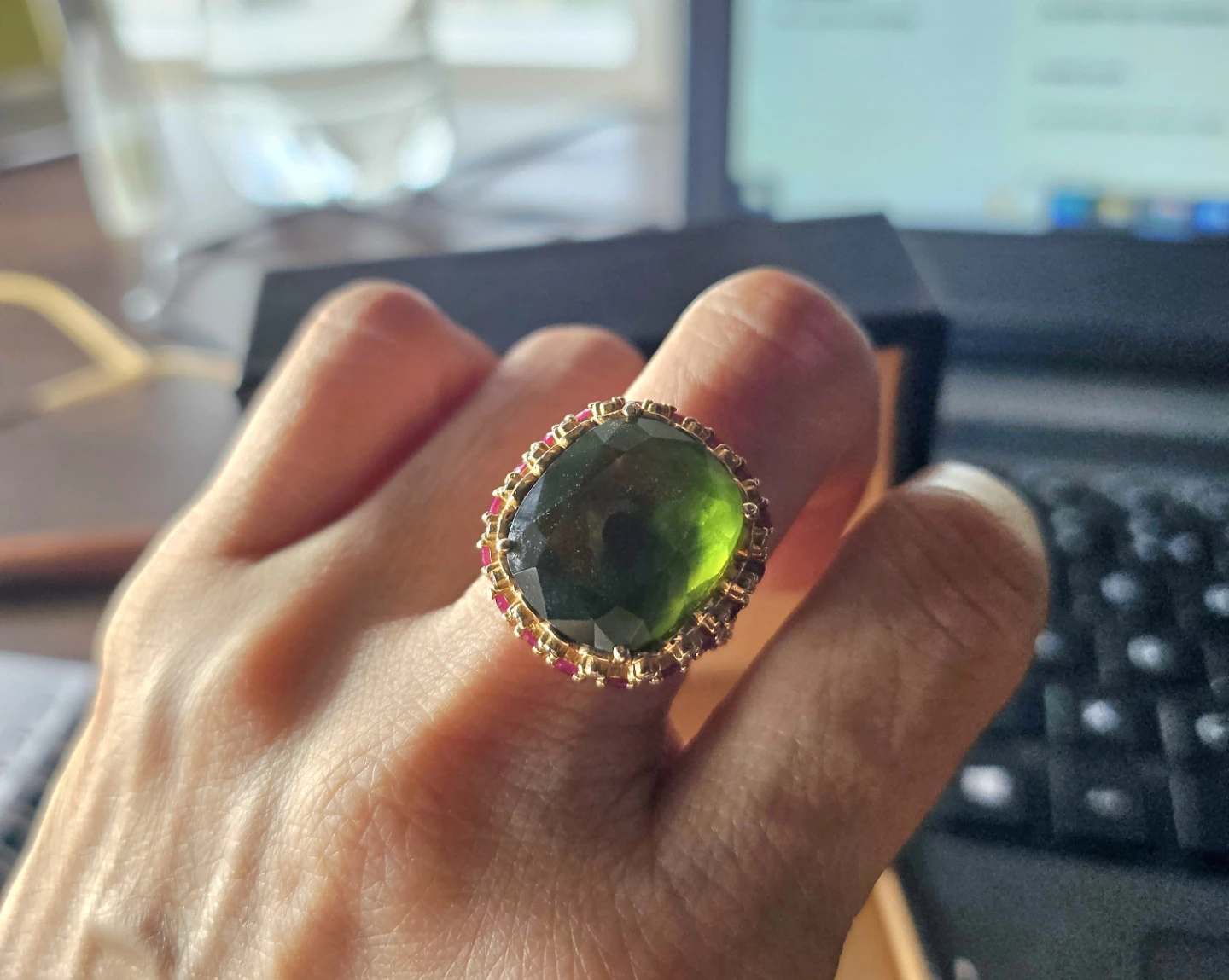 Vintage gold ring with ruby, diamond and a big gem stone