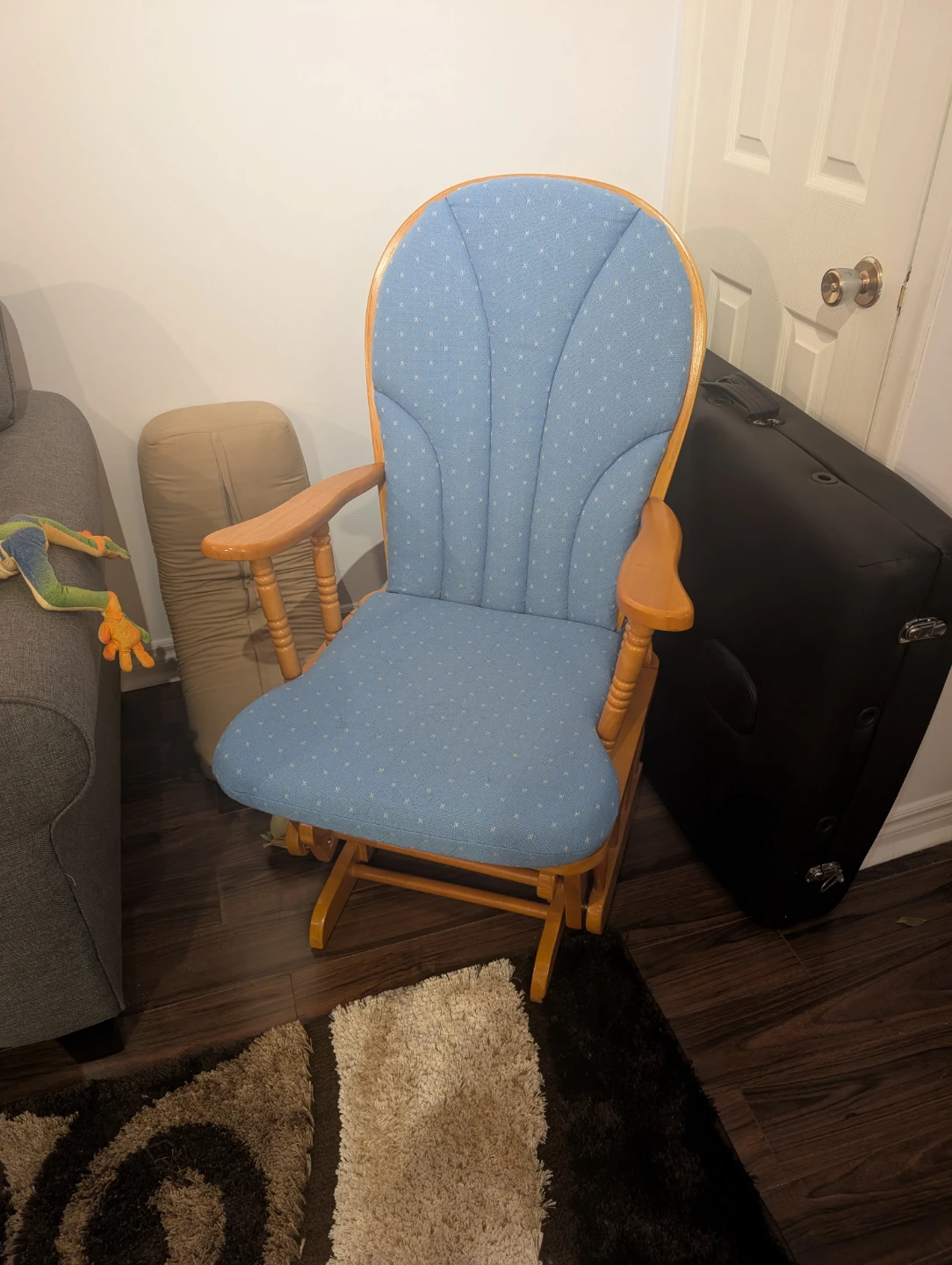 Blue Padded Glider Chair with Wooden Frame