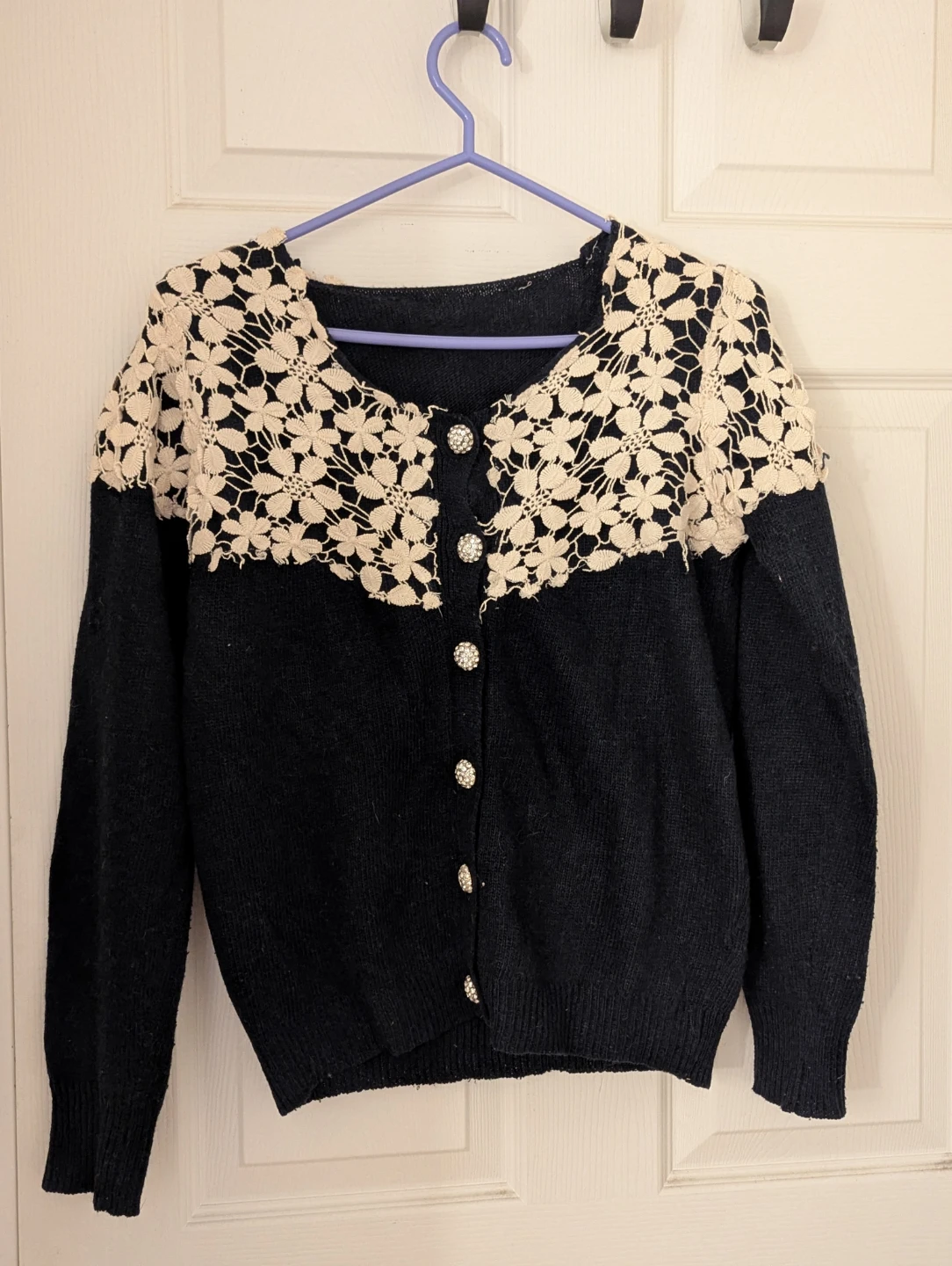 Navy Cardigan with Cream Lace Detail