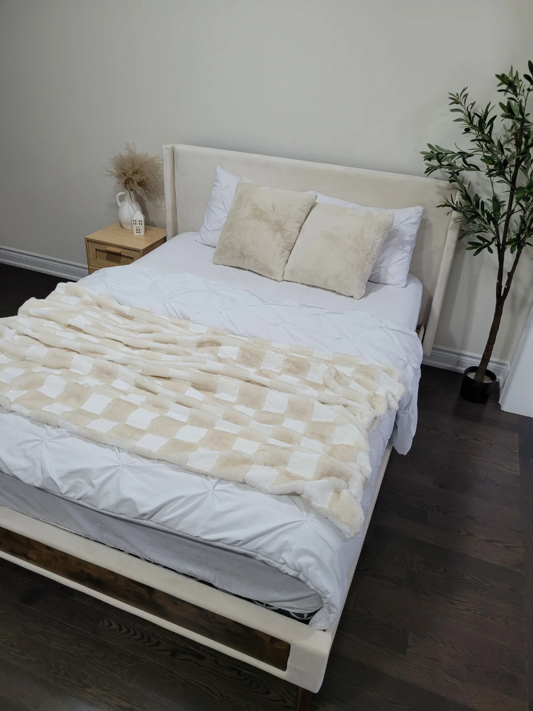 Cream Velvet Upholstered Bed Frame with Wood Accents - photo 3