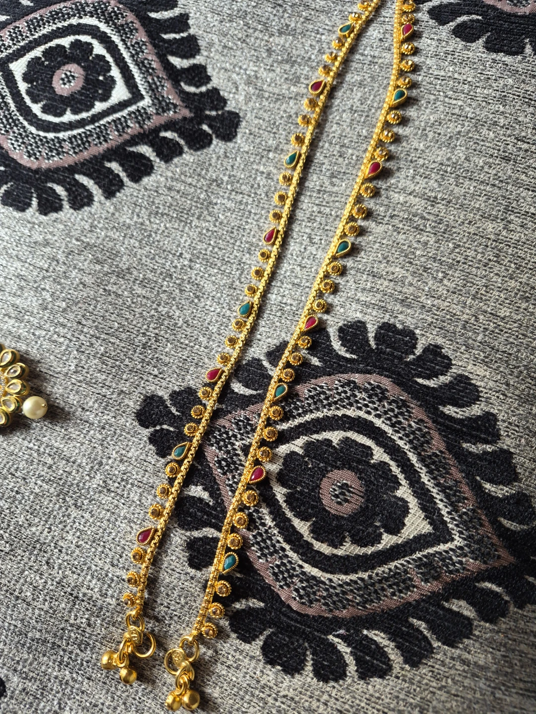 Gold-toned Anklet Set with Red and Green Accents
