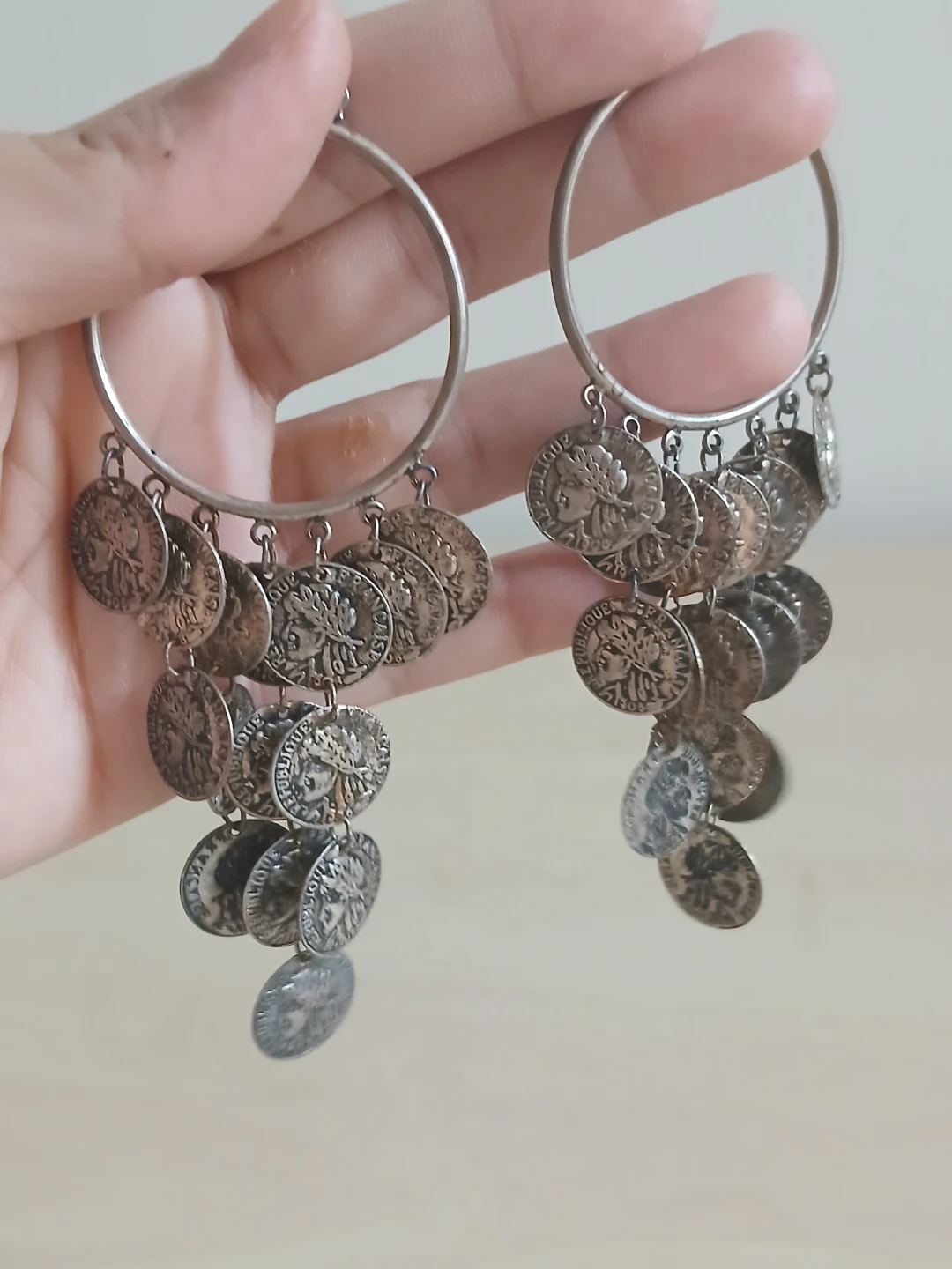 Silver-Tone Coin Dangle Hoop Earrings