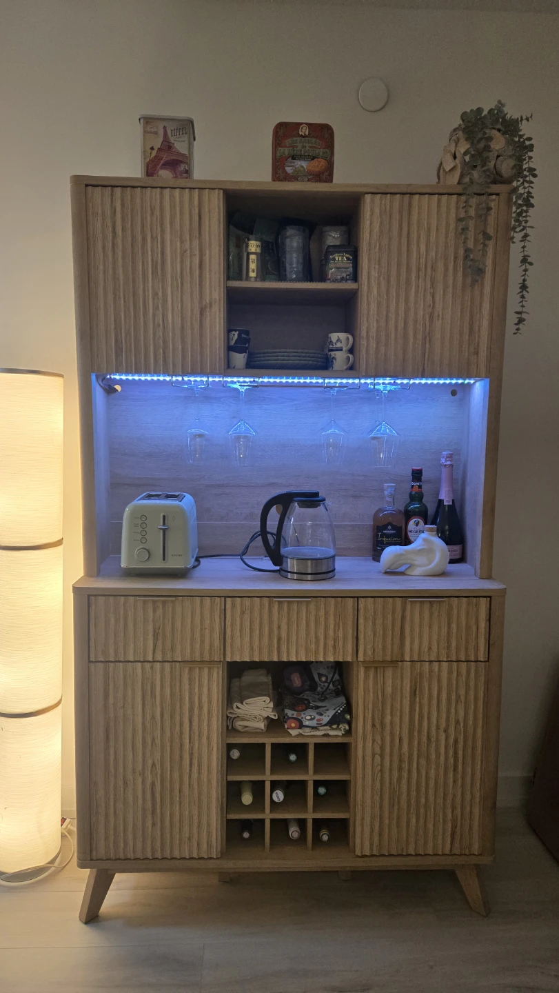 Bar abinet with LED Lights, wine rack, and cabinets