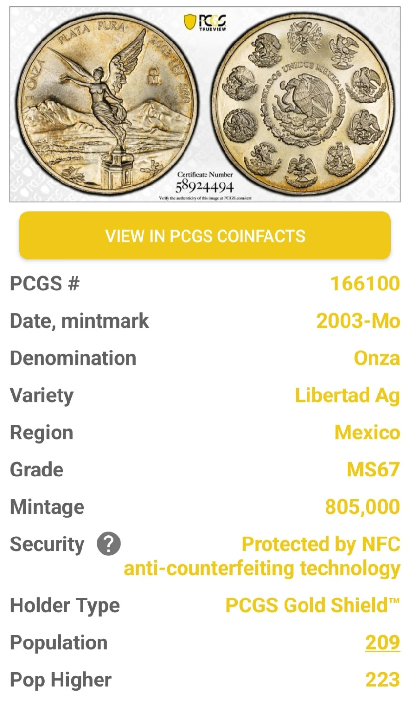 2003 Mexico Libertad Ag 1 Onza Silver Coin PCGS MS67 - photo 3