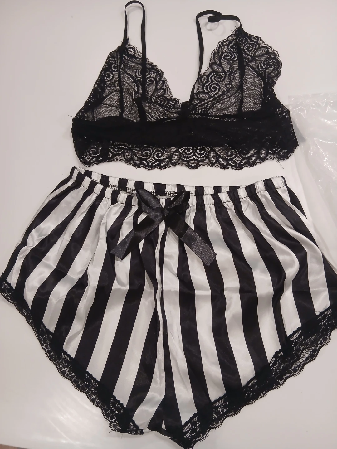 Black and white striped lace lingerie set