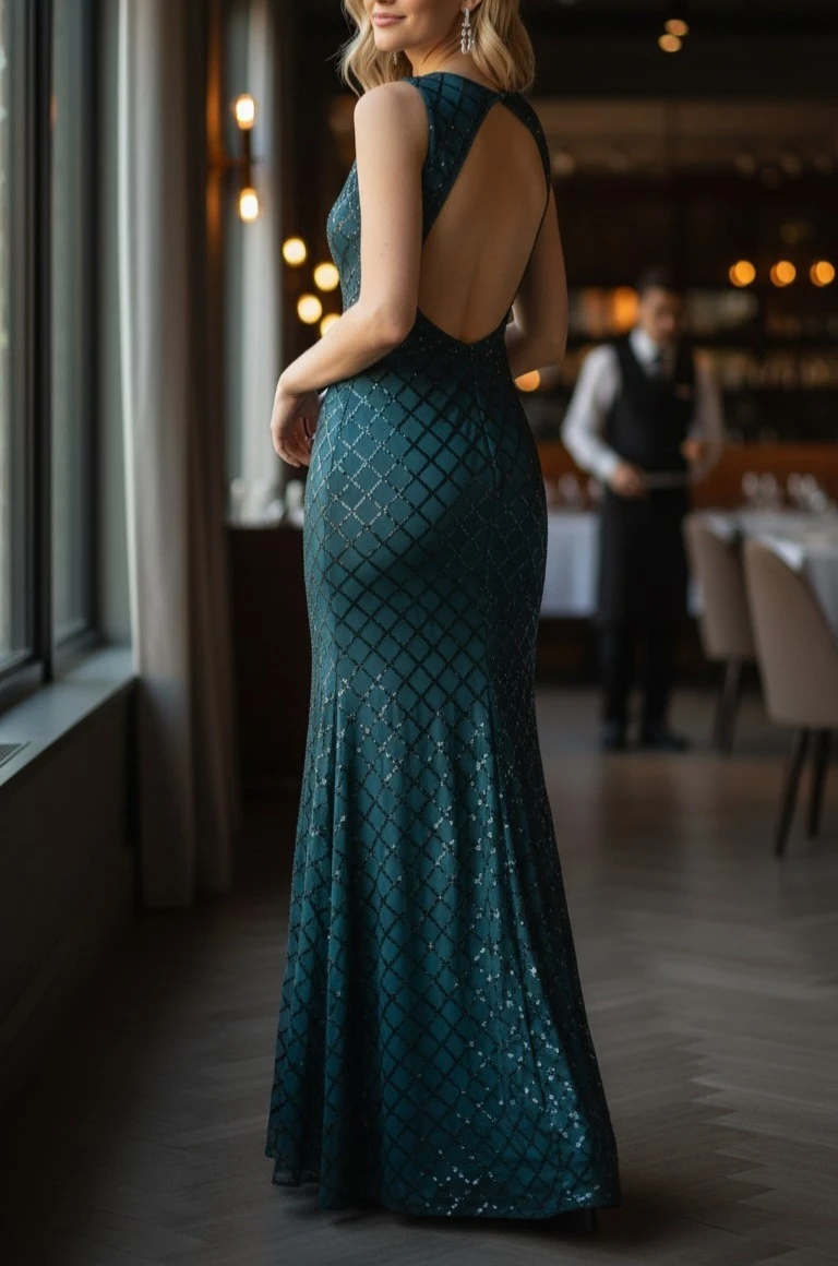 Teal Sequined Open-Back Gown