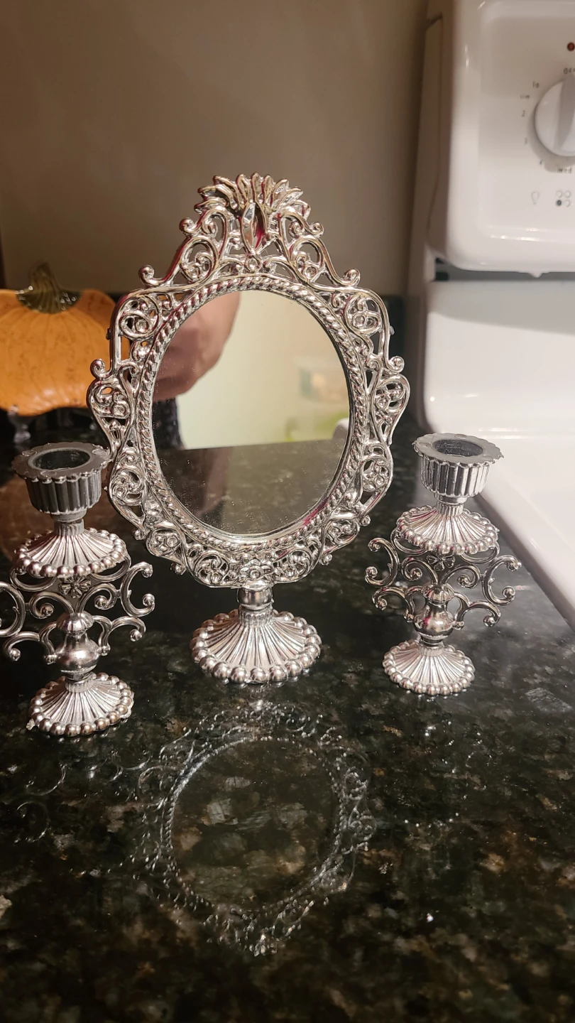 Vintage Style Silver Table Mirror and Candle Holders + fish bowl - photo 3