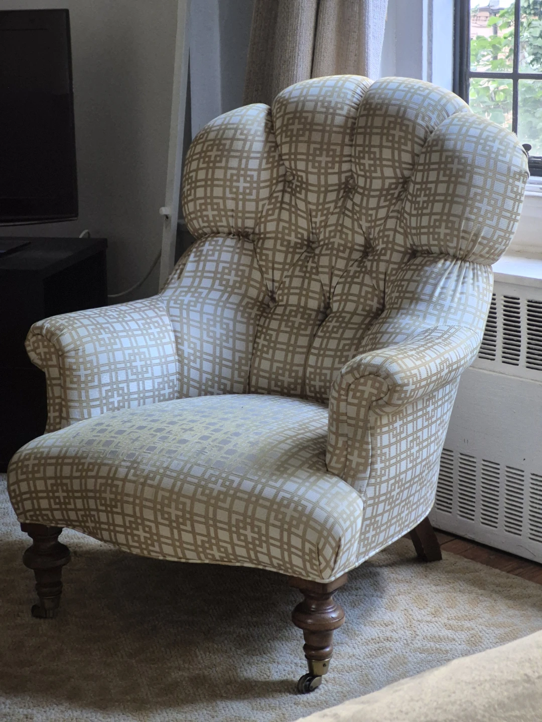 Tufted Wingback Armchair with Geometric Print