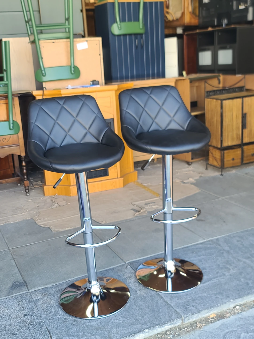 Pair Of Modern Black Quilted Bar Stools-Adjustable & Swivel