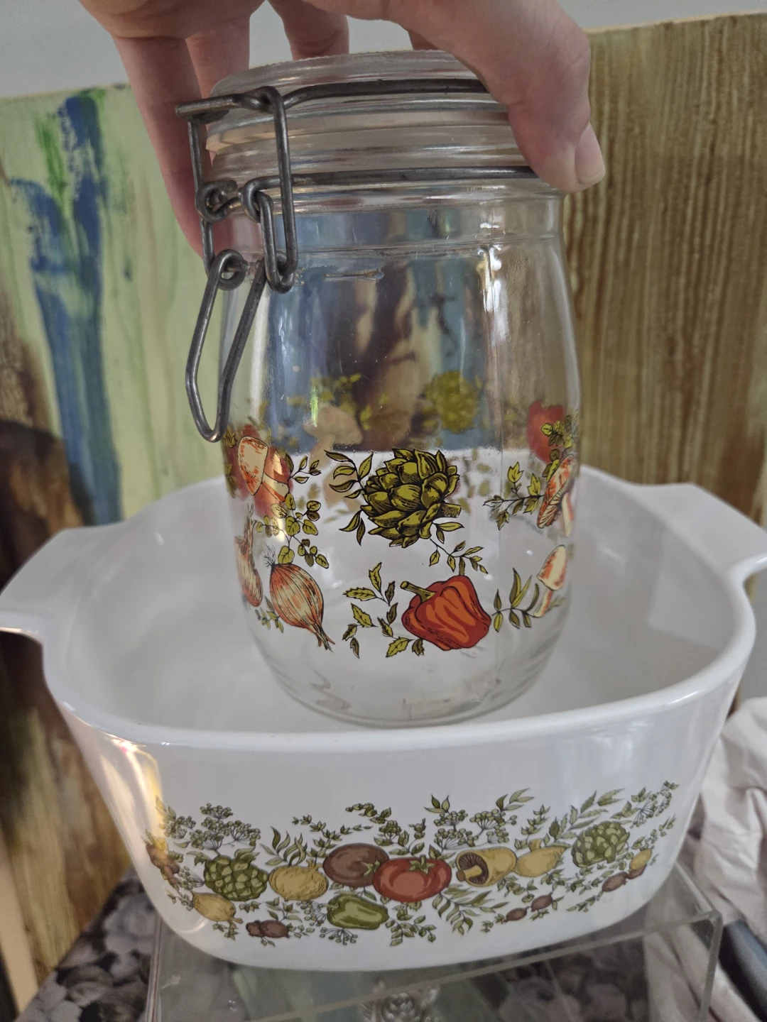 Vintage Vegetable Pattern Glass Storage Jar