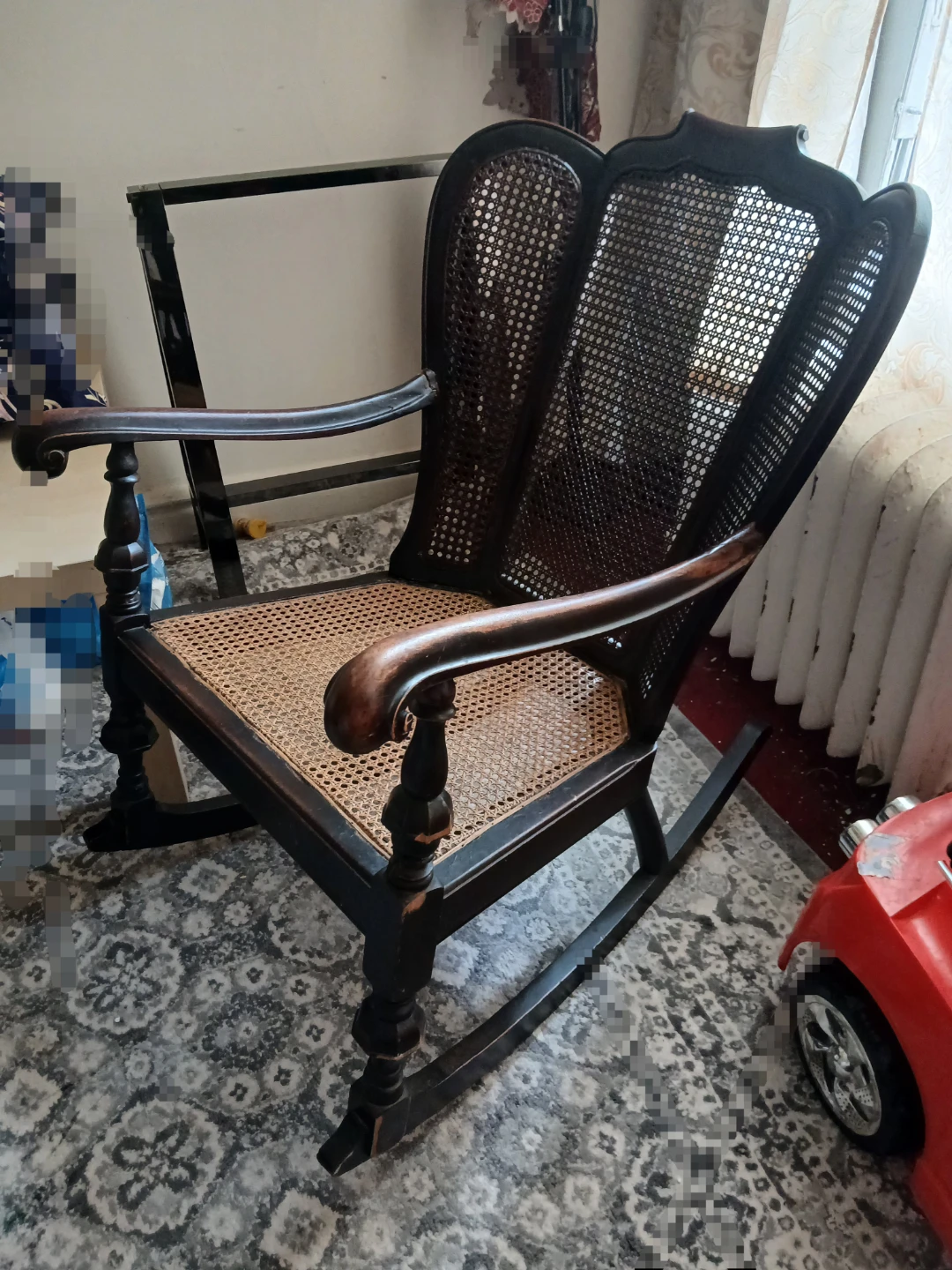 Vintage Black Wooden Rocking Chair with Cane Back and Seat - photo 2