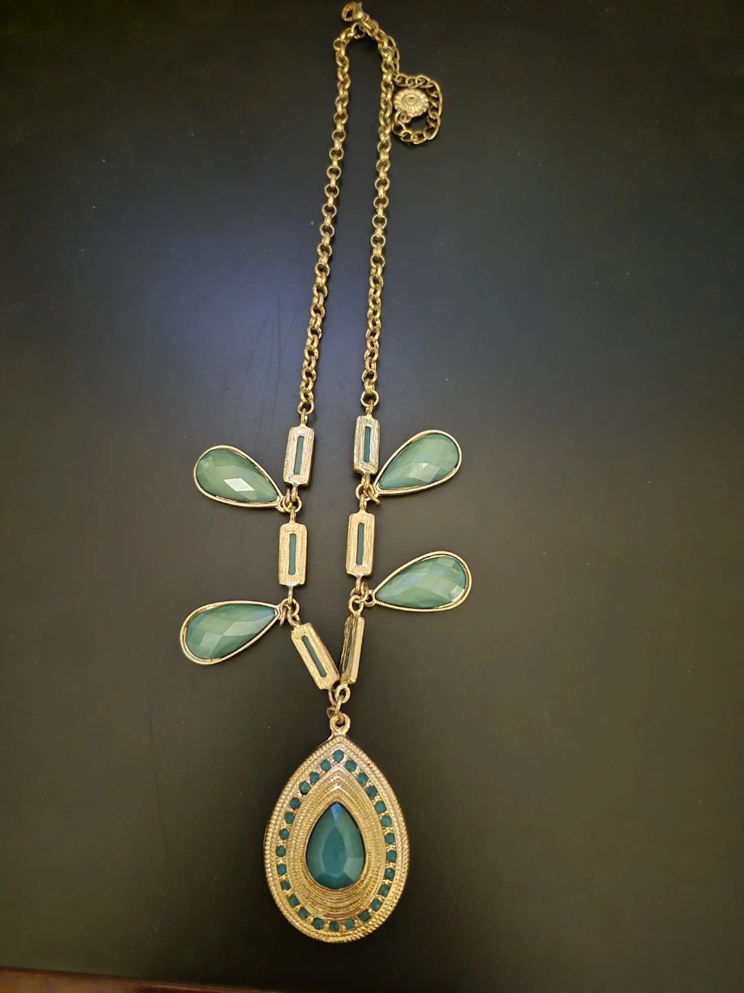 Gold-Tone Statement Necklace with Green Teardrop Stones