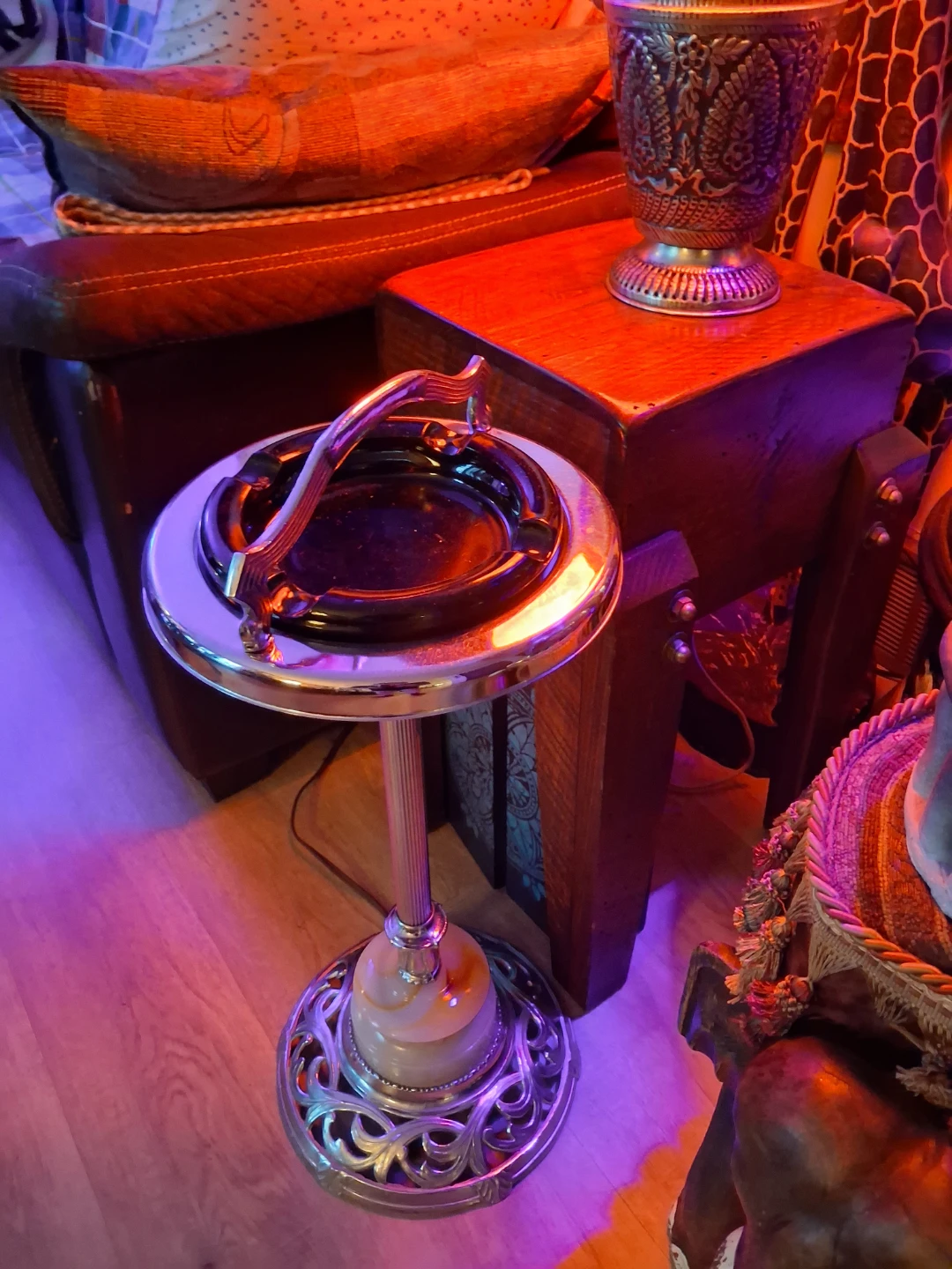 Vintage Chrome and Onyx Floor Ashtray