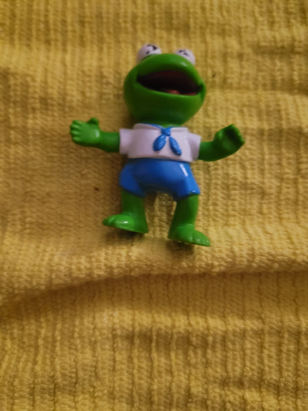 Frog Figure Green Plastic Mini Figure White Shirt Blue Shorts