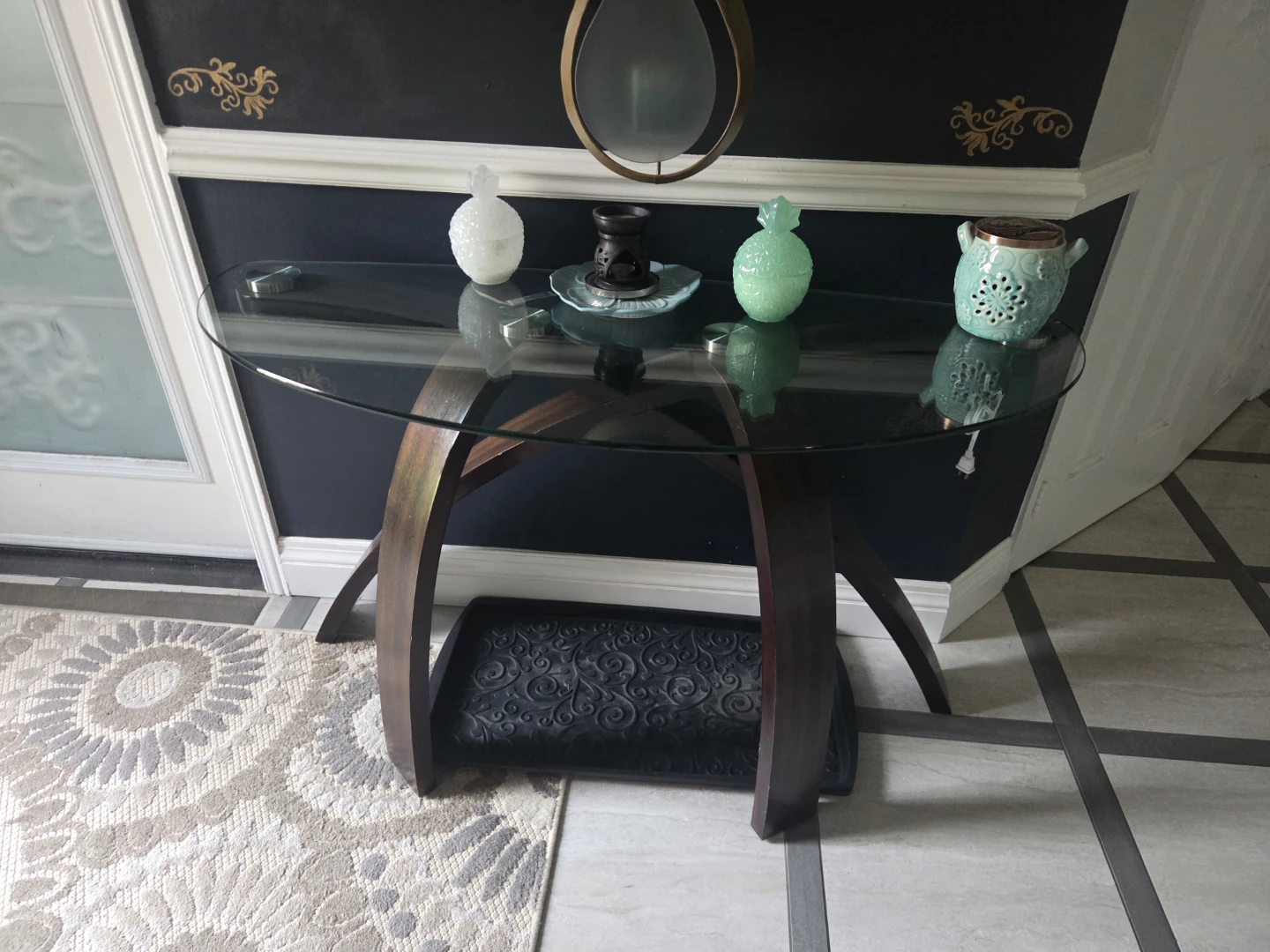 Glass top console table with wood base - photo 4