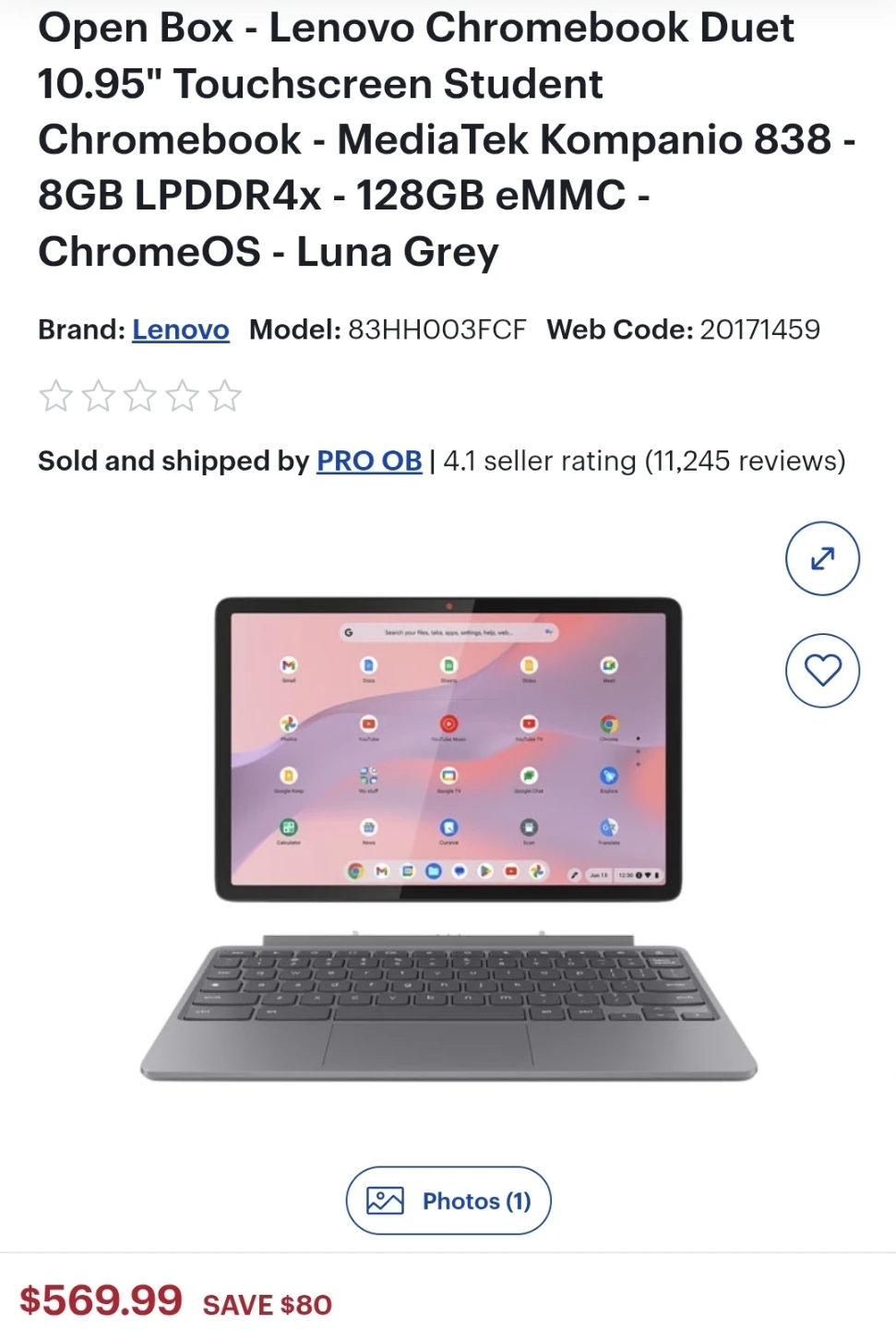 Lenovo Chromebook Duet 10.95" Luna Grey