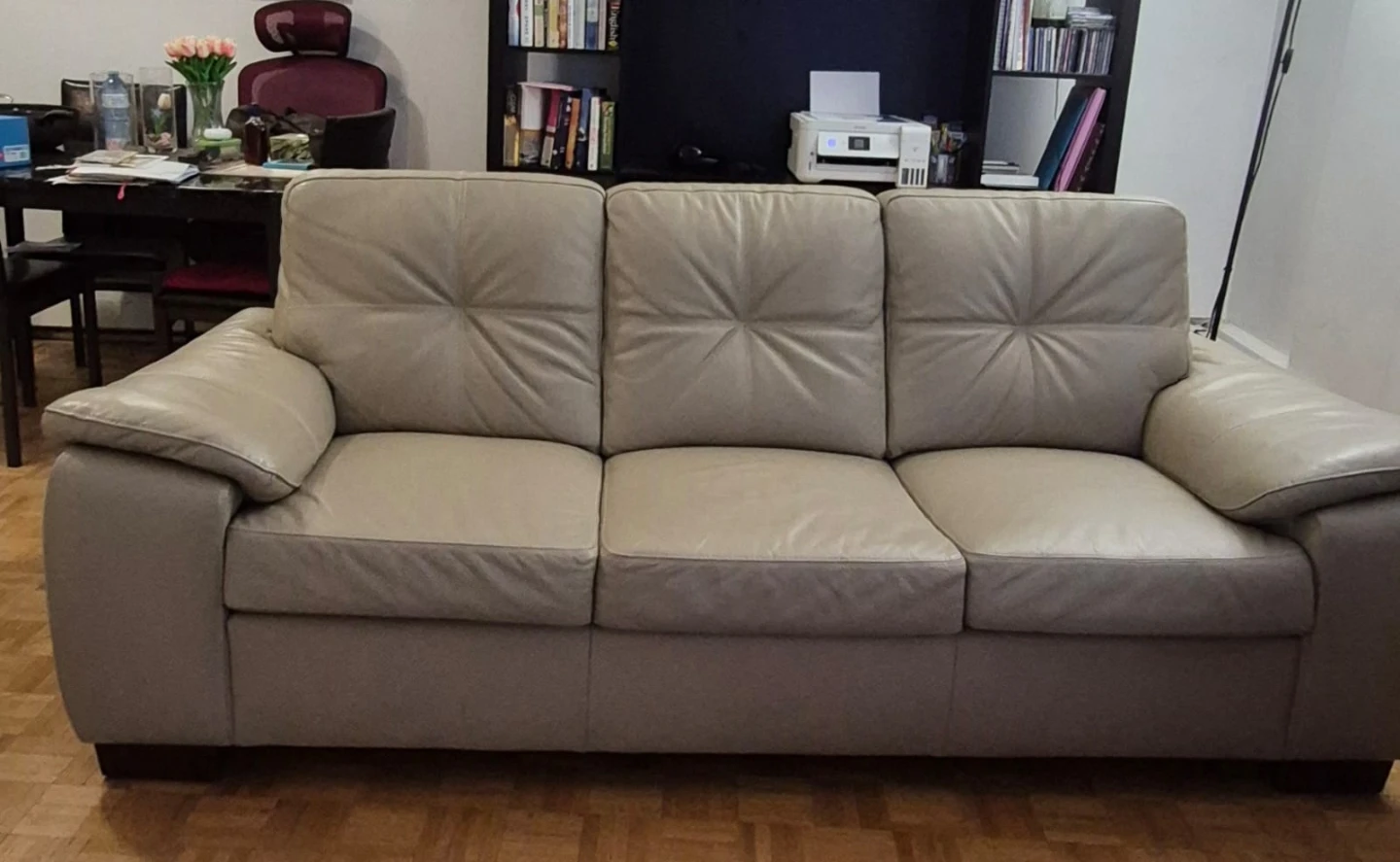 Beige Leather Three-Seater Sofa