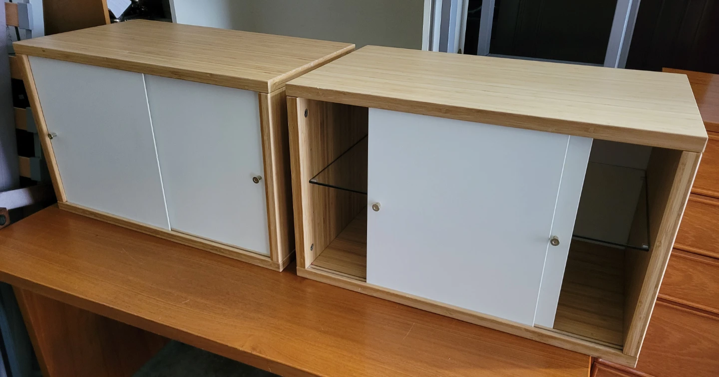 Beautiful Pair of IKEA Bamboo & White Sliding Door Cabinets