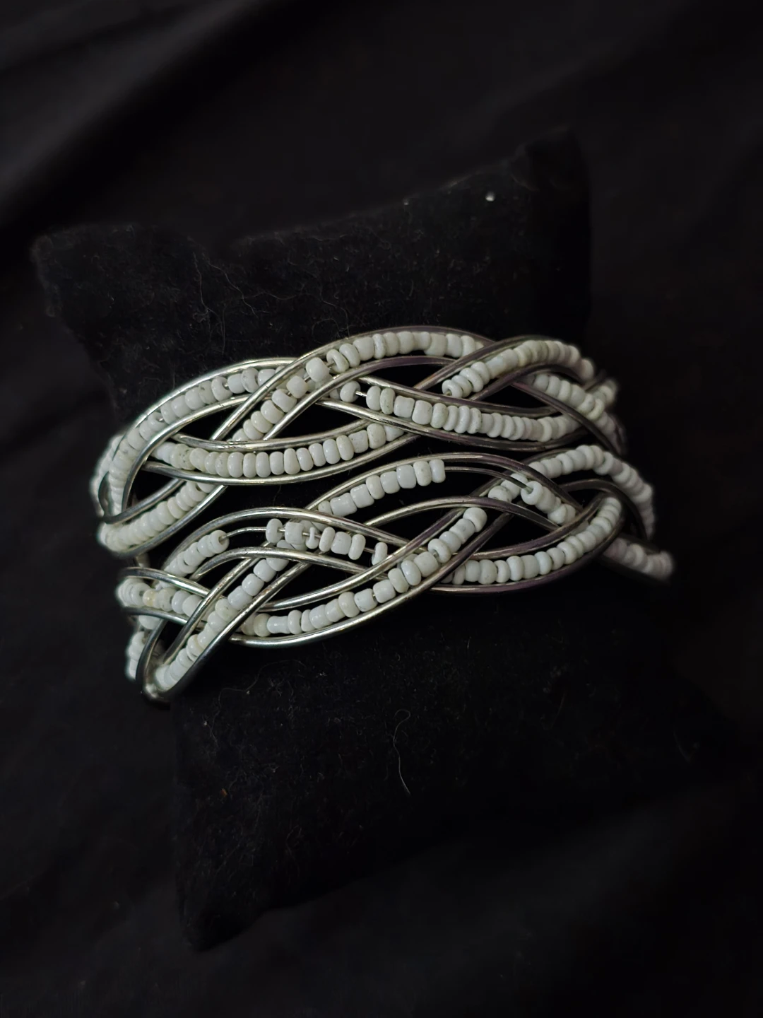 Adjustable White Beaded Woven Cuff Bracelet