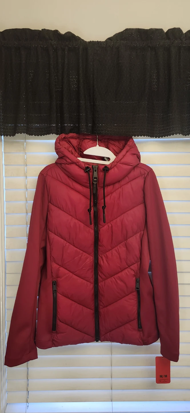 DKNY Red Quilted Hooded Jacket - Medium