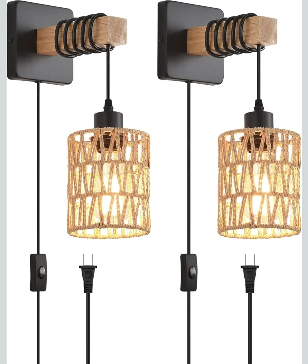 Set of Two Industrial Wall Sconces with Rattan Shades